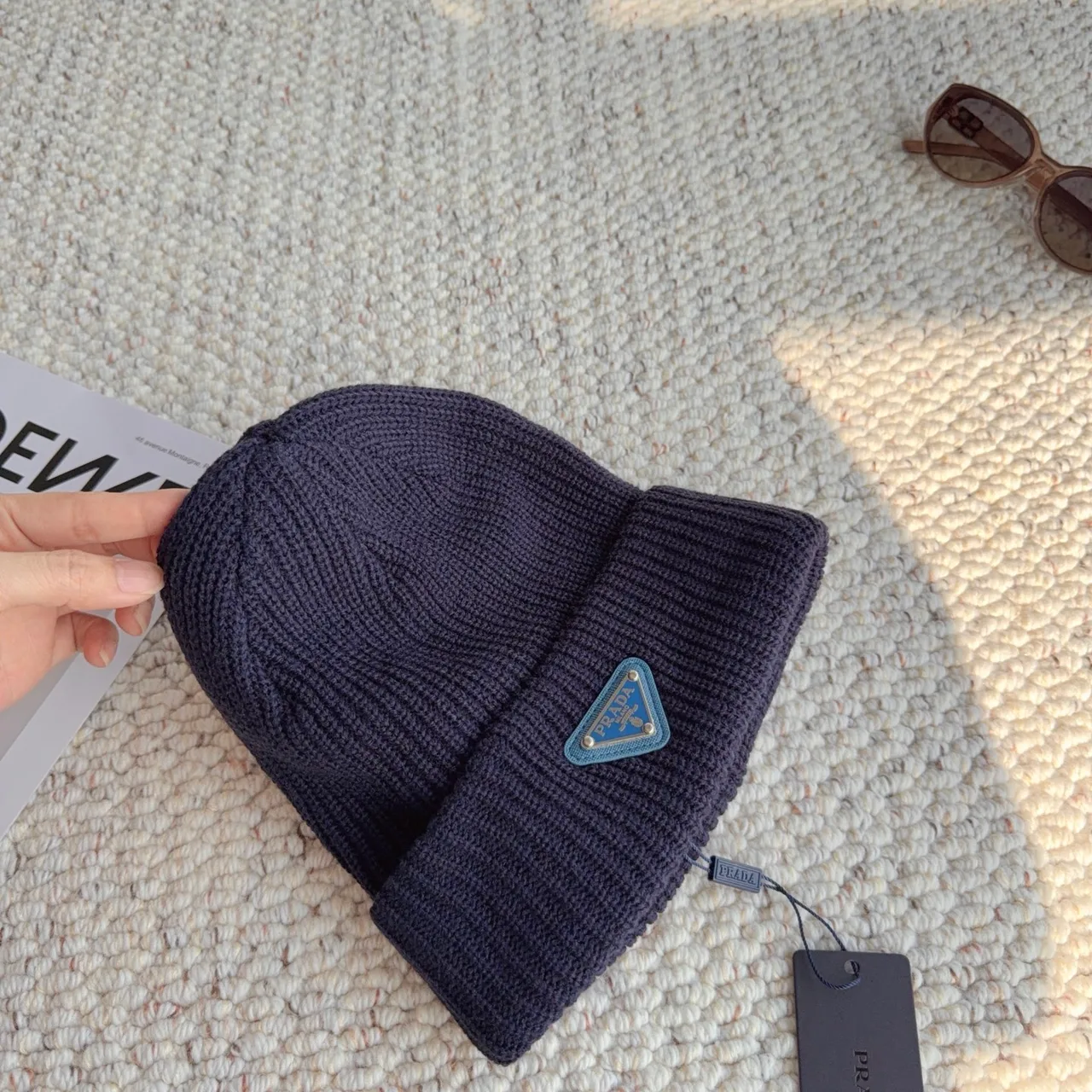 Prada Ribbed Beanie in Blue · view 5