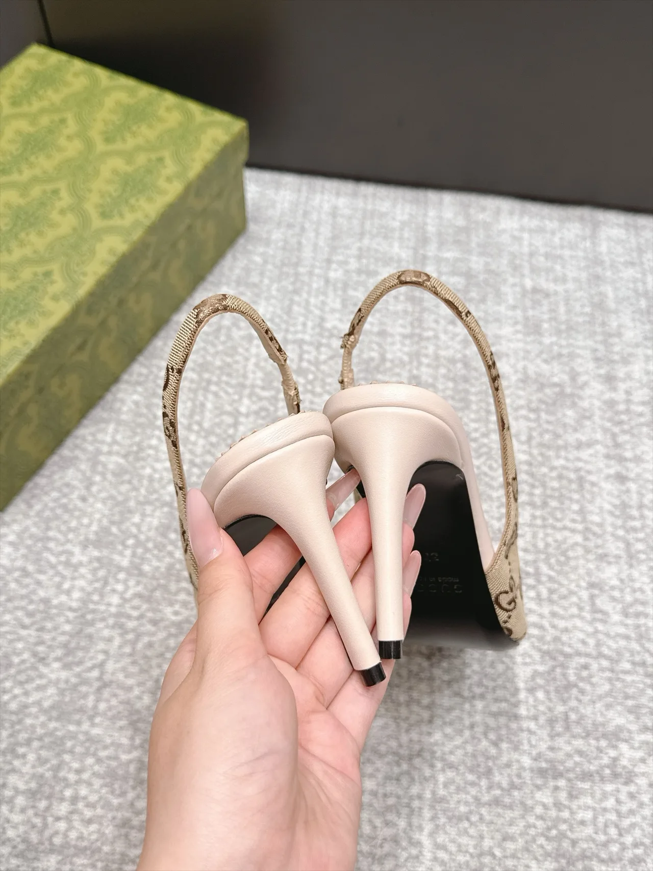 Gucci Glossy Pointed-Toe Monogram Slingback Pumps in Beige · view 6