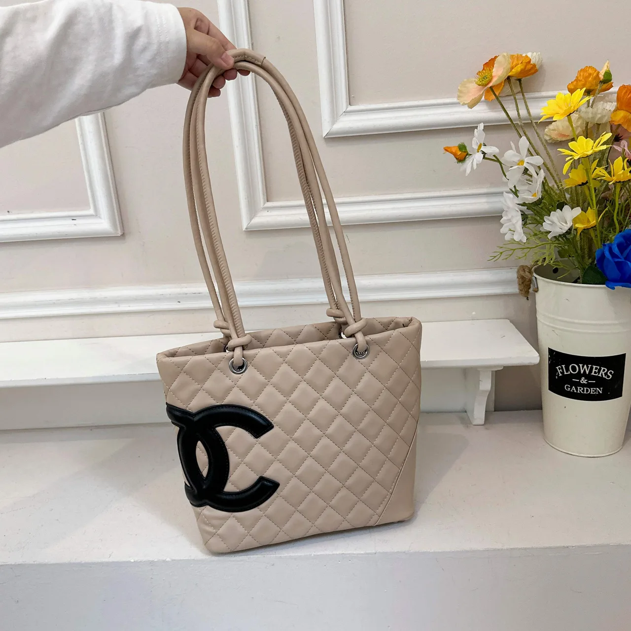 Chanel Quilted CC Tote in Black & White & Pink & Beige · view 4