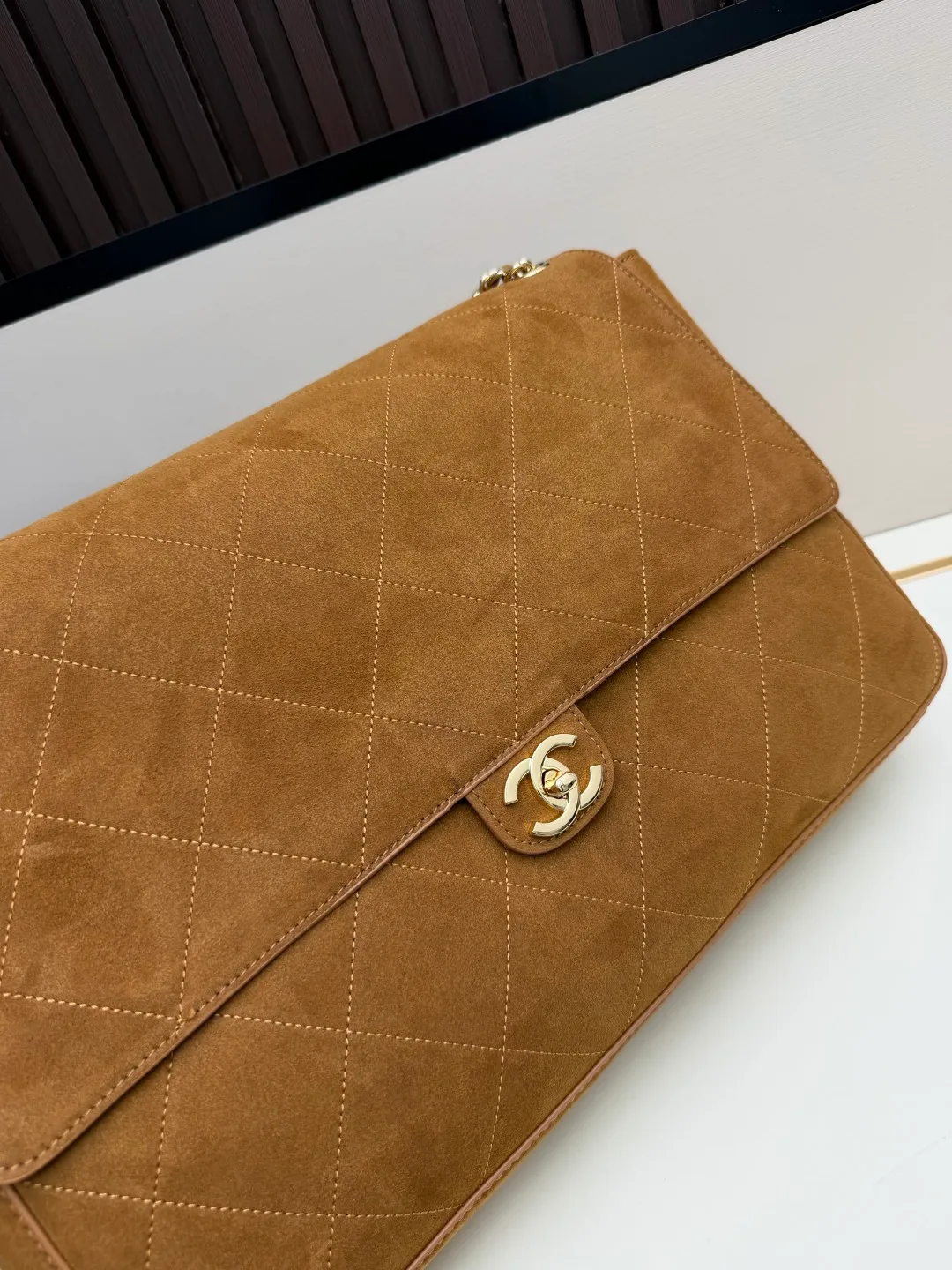 Chanel Suede Quilted Crossbody Bag in Tan · view 3