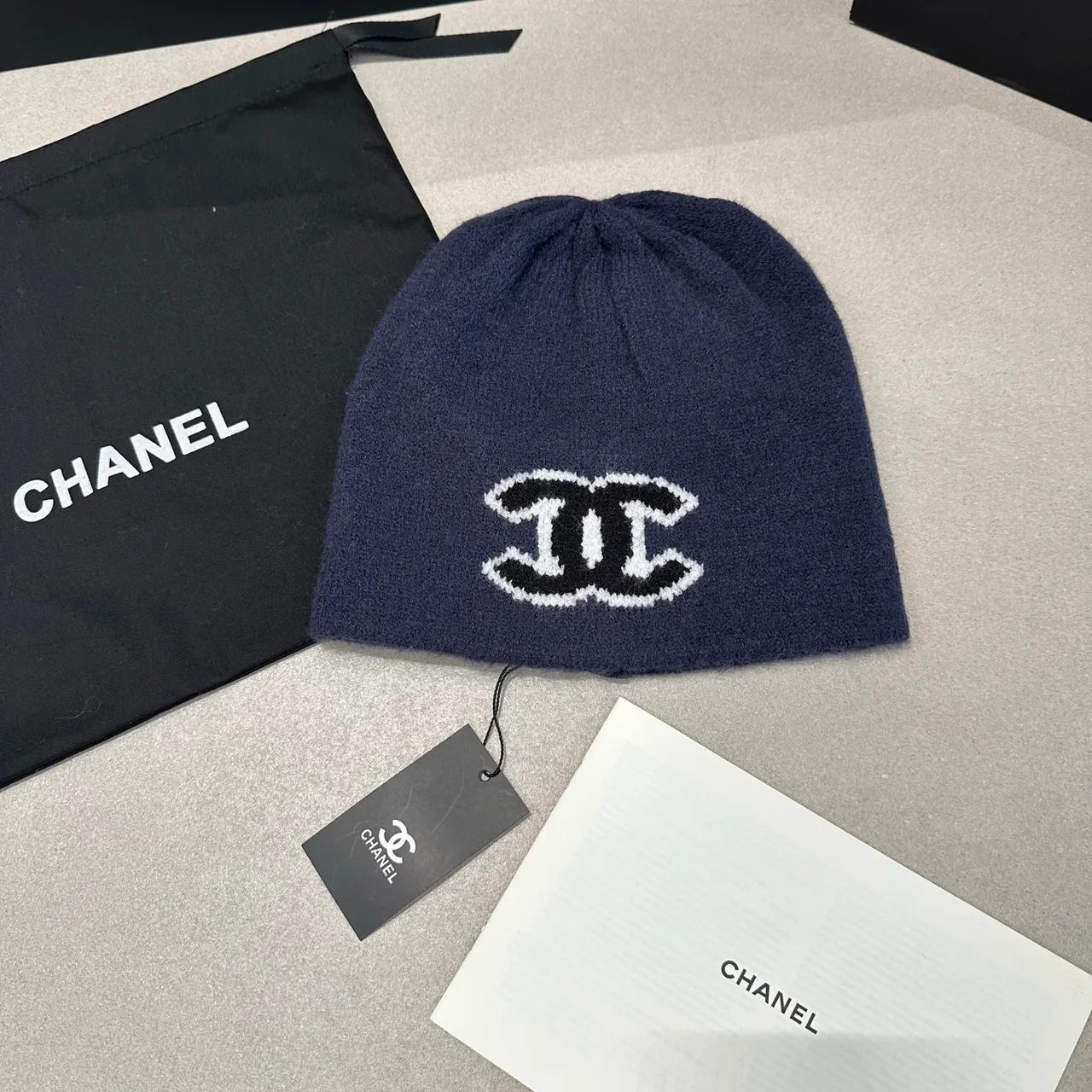 Chanel Reversible Beanie in Black & White & Blue & Grey · view 3