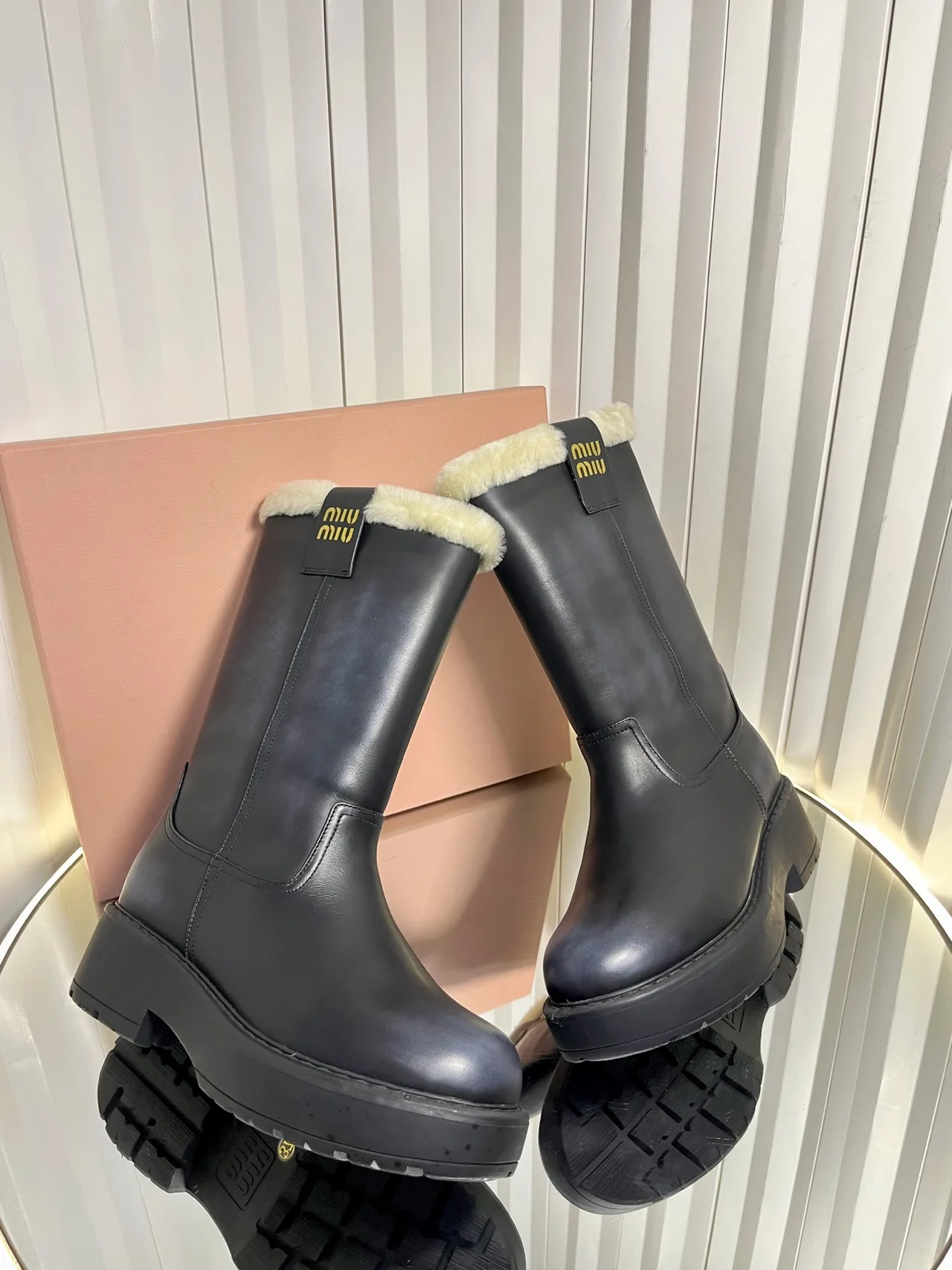 Miu Miu Calfskin Glossy Boots in Black · view 6