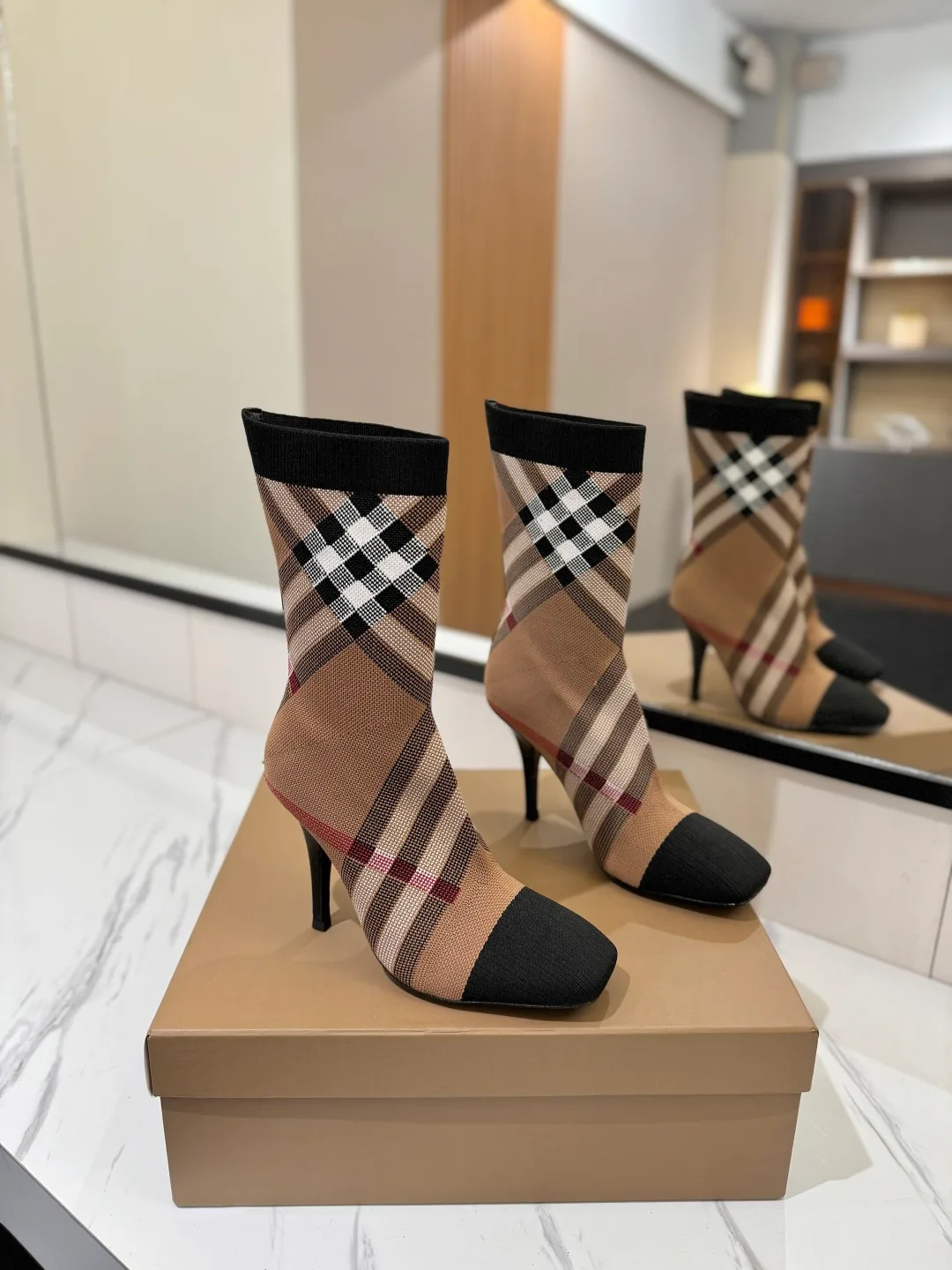 Burberry Check Knee-High Boots in Beige · view 1