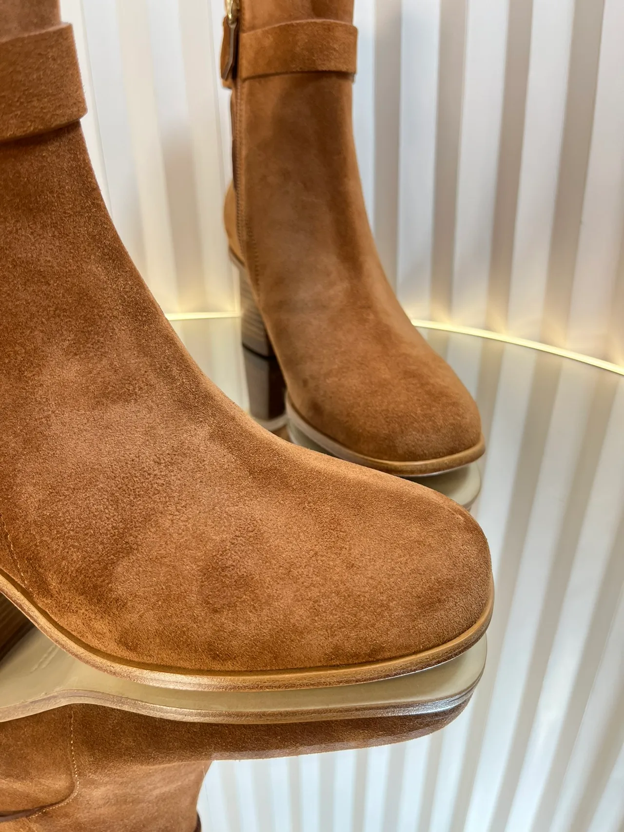Hermes Calfskin Suede-Look Round-Toe Buckle Ankle Boots in Brown · view 8