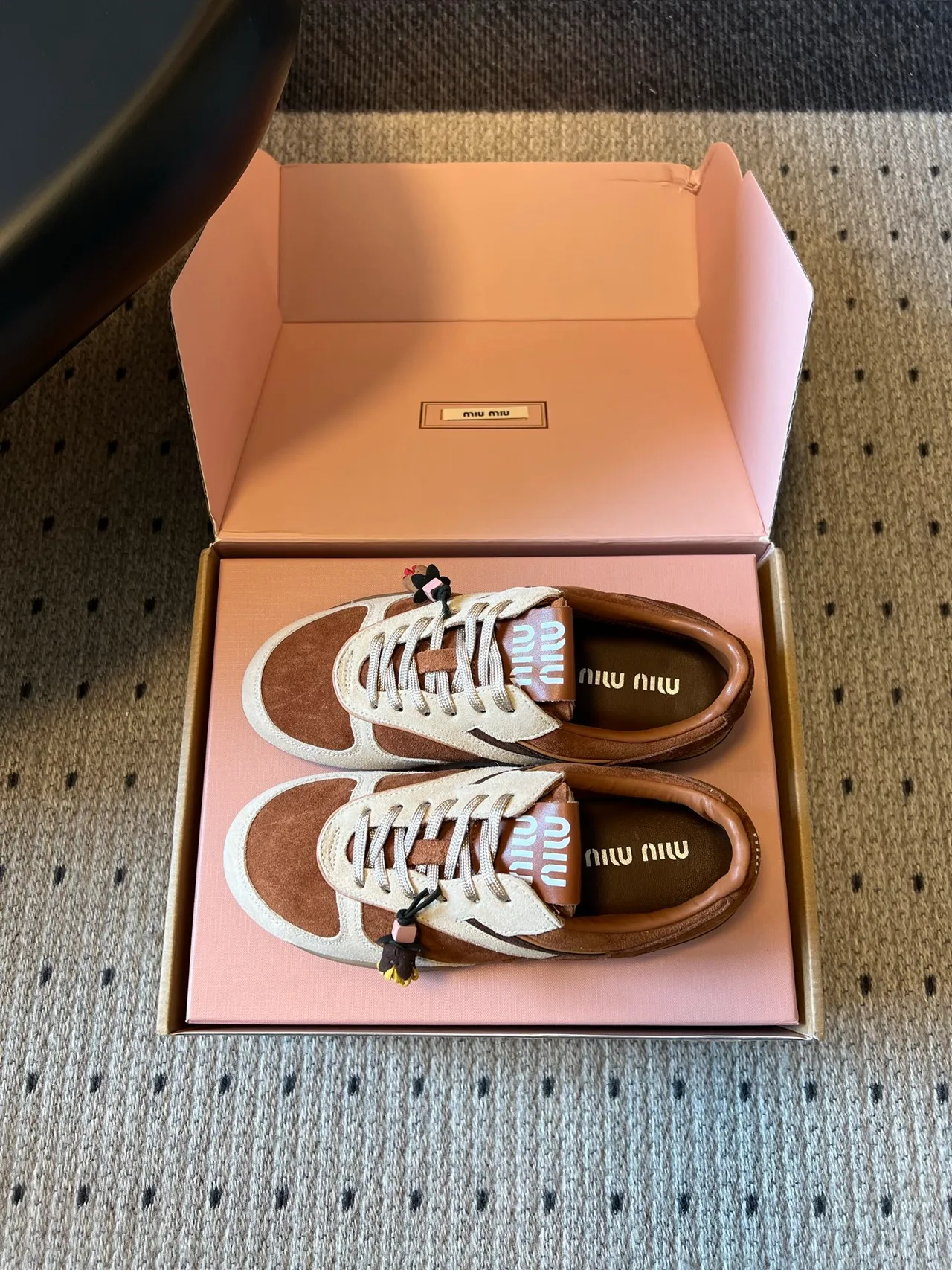 Miu Miu Suede-Look Round-Toe Low-Top Sneakers in Brown · view 5