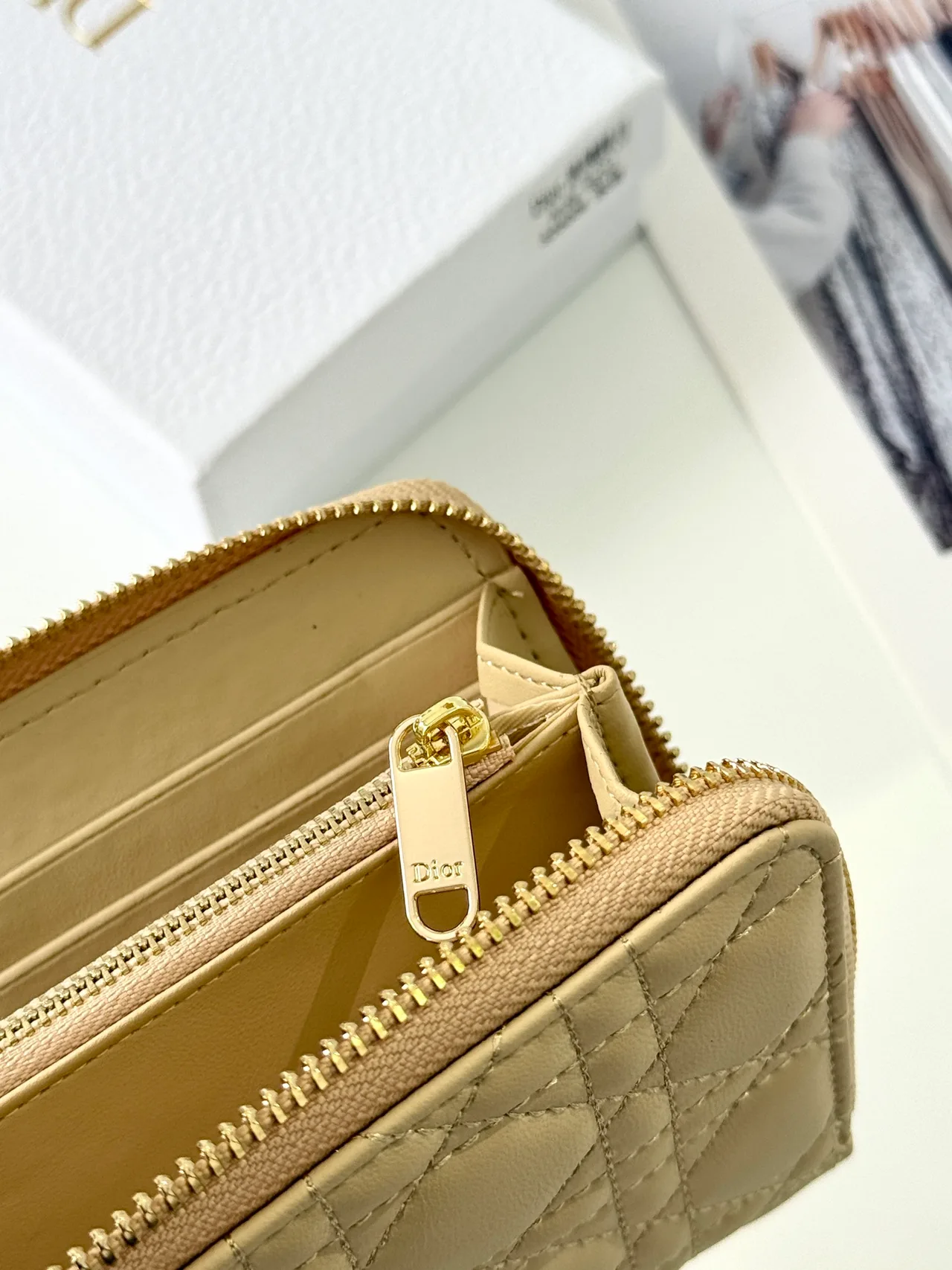 Dior Lambskin Quilted Lady Dior Zip Wallet in Beige · view 5