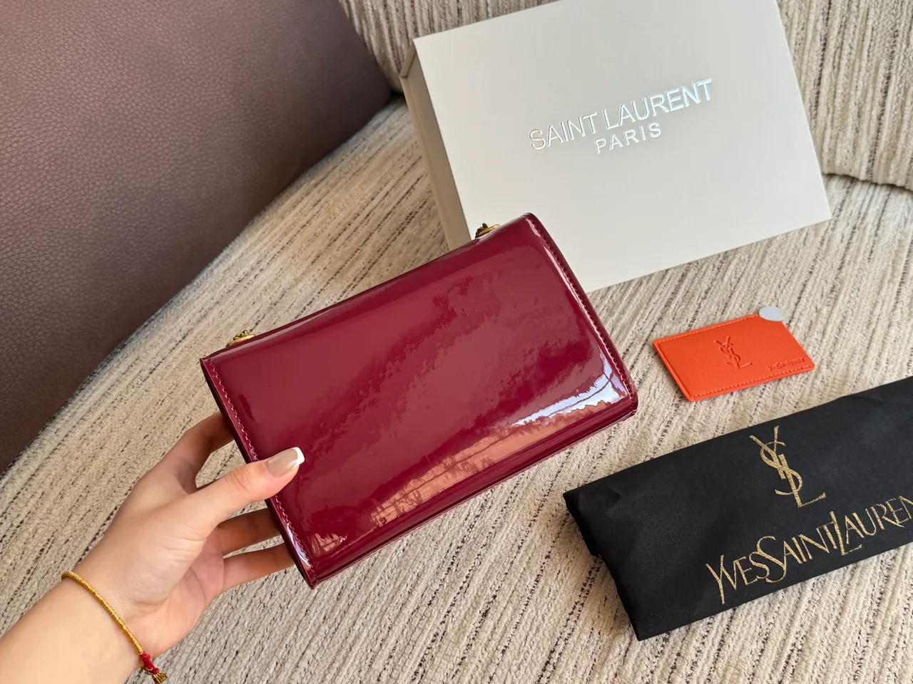 Saint Laurent Kate Glossy Chain-Strap Shoulder Bag in Burgundy · view 6