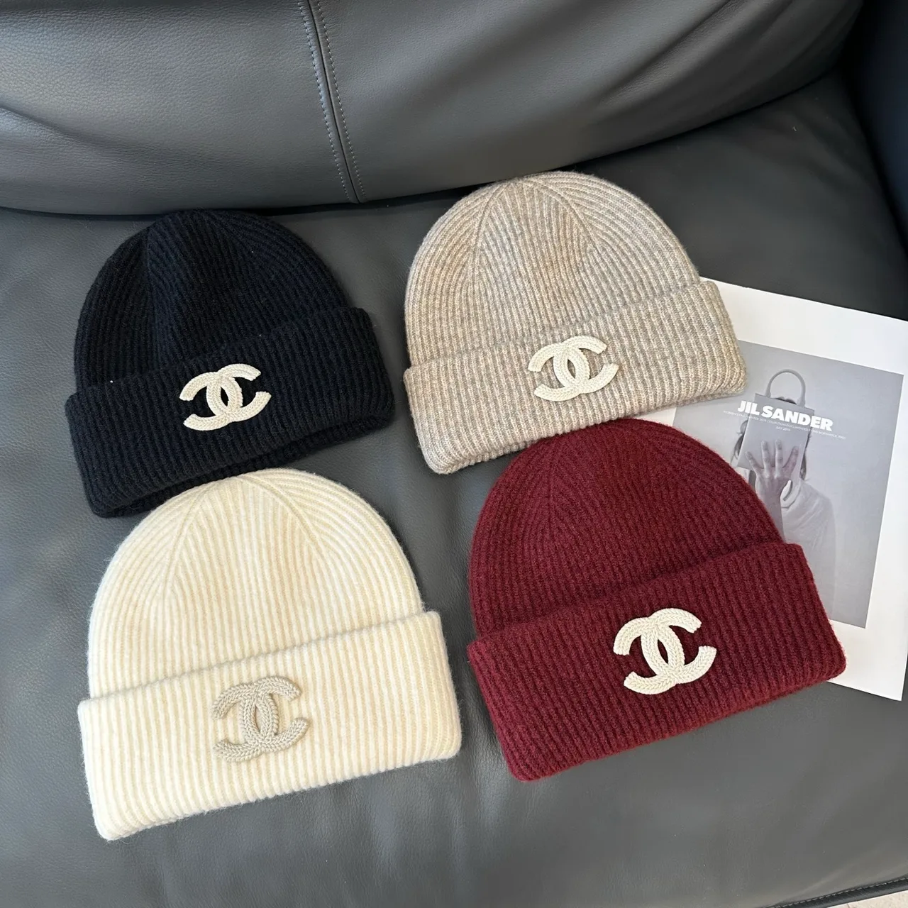 Chanel Hat scarf and gloves knit set in Burgundy & Cream & Black & Beige · view 7