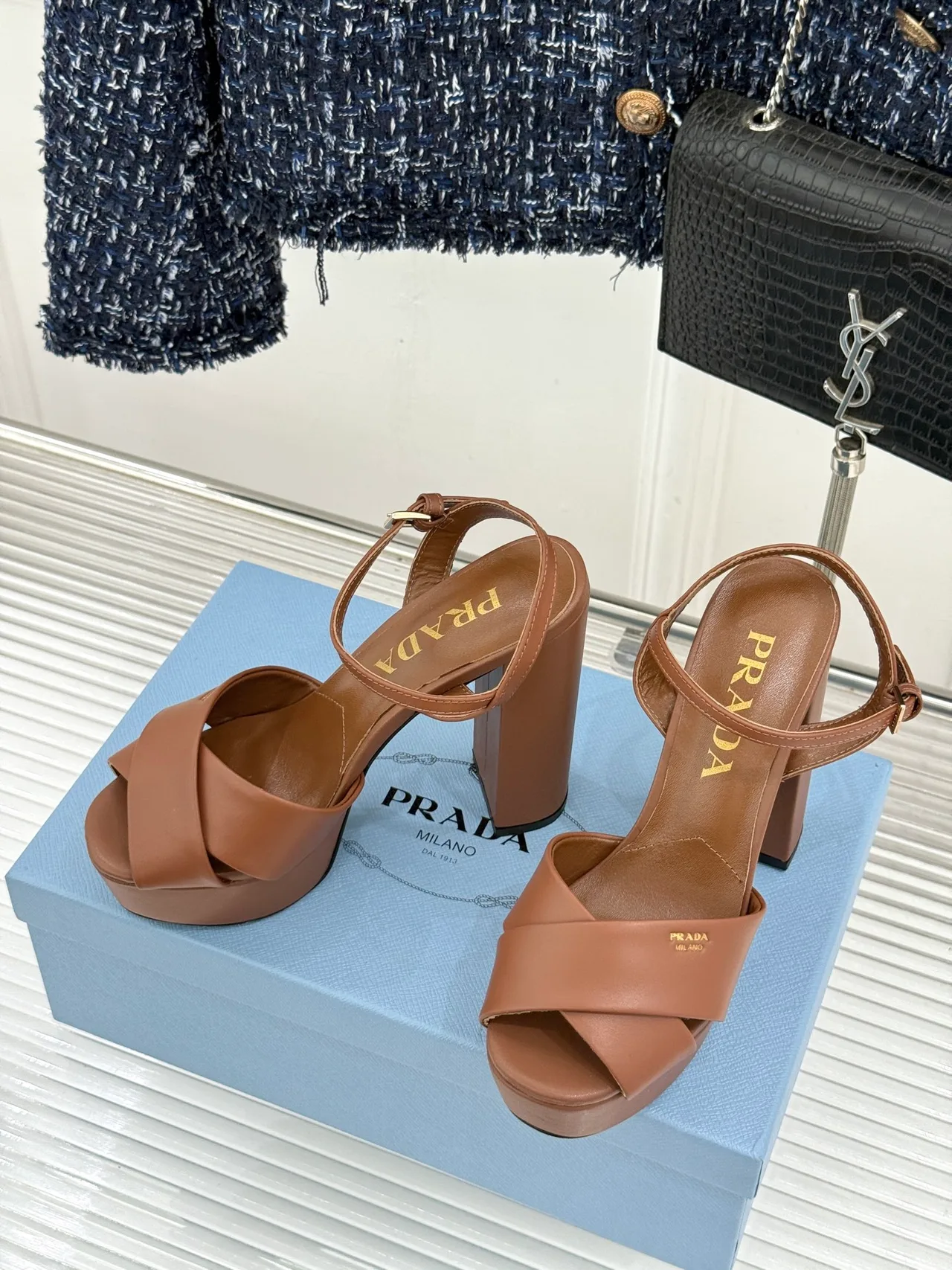 Prada Denim Round-Toe Sandals in Brown · view 2