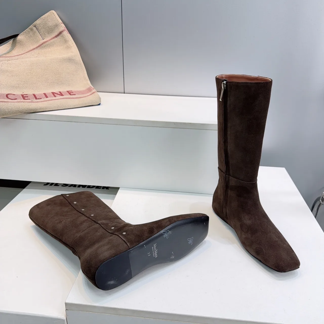 Celine Suede-Look Square-Toe Ankle Boots in Brown · view 8