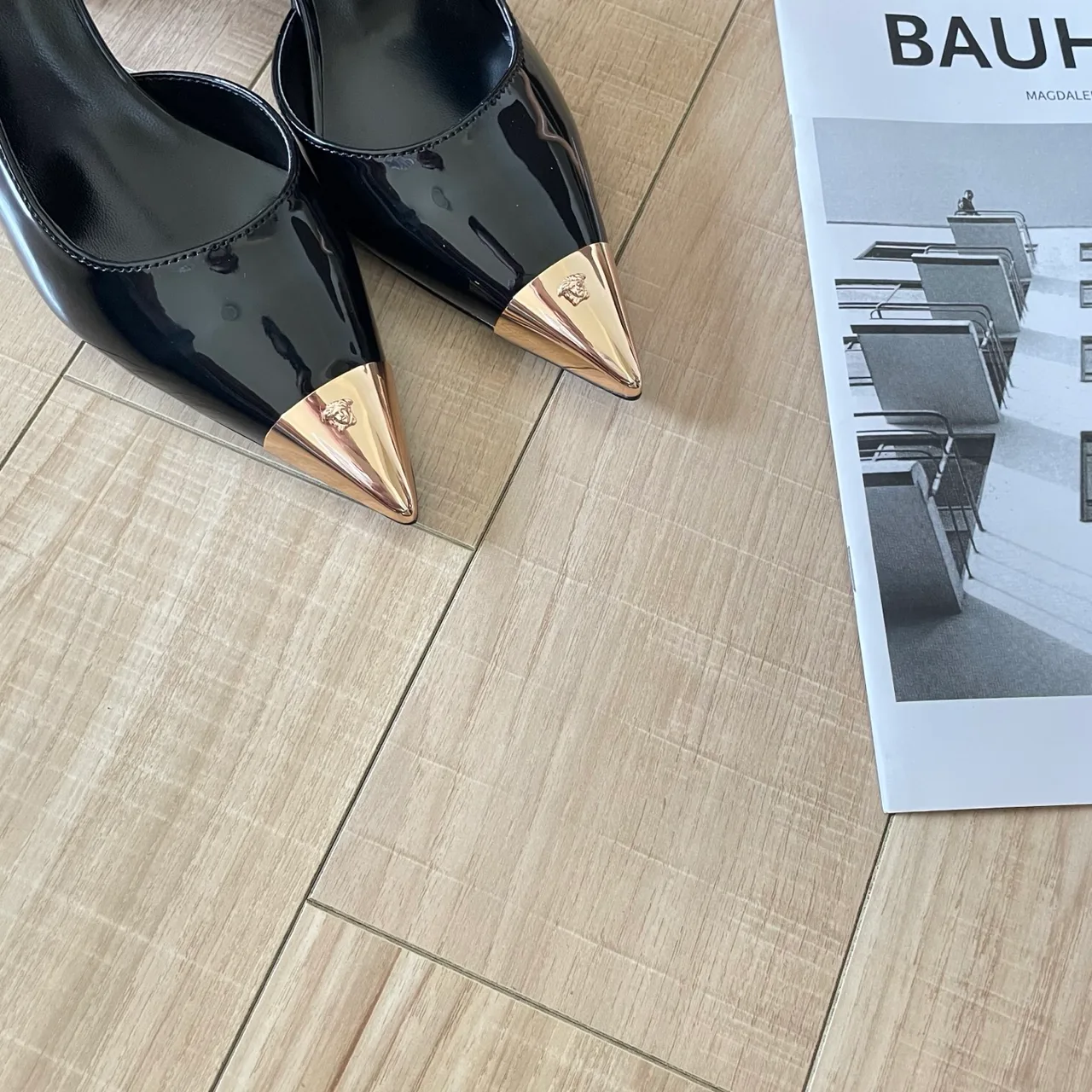 Versace Sheepskin Glossy Pointed-Toe Pointed Slingback Pumps in Black · view 7