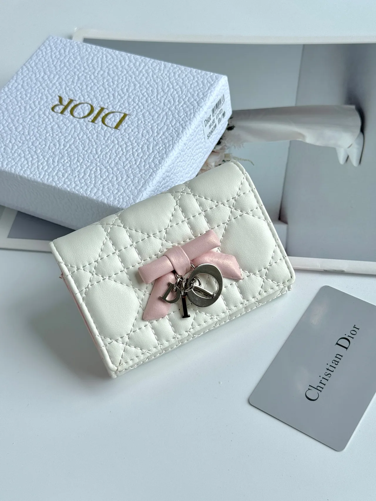 Dior Calfskin Quilted Glossy Wallet in White · view 1