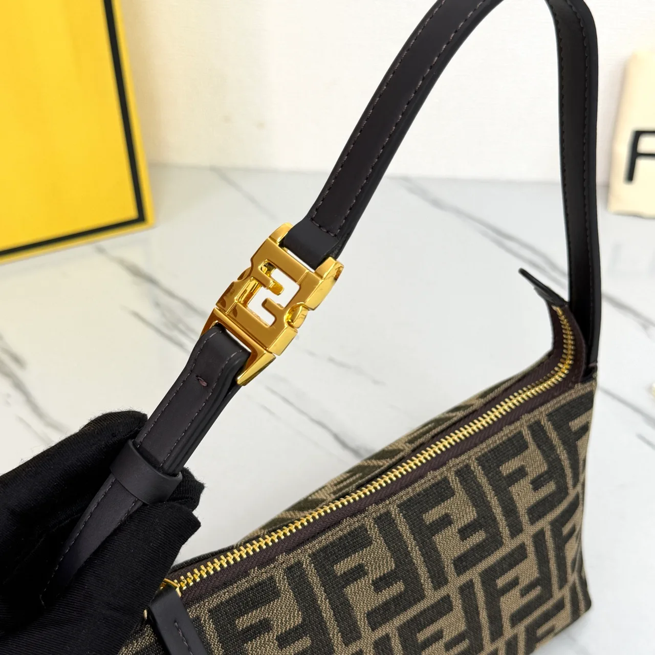 Fendi Baguette Cowhide FF-Monogram Open-Top Shoulder Bag in Brown · view 5