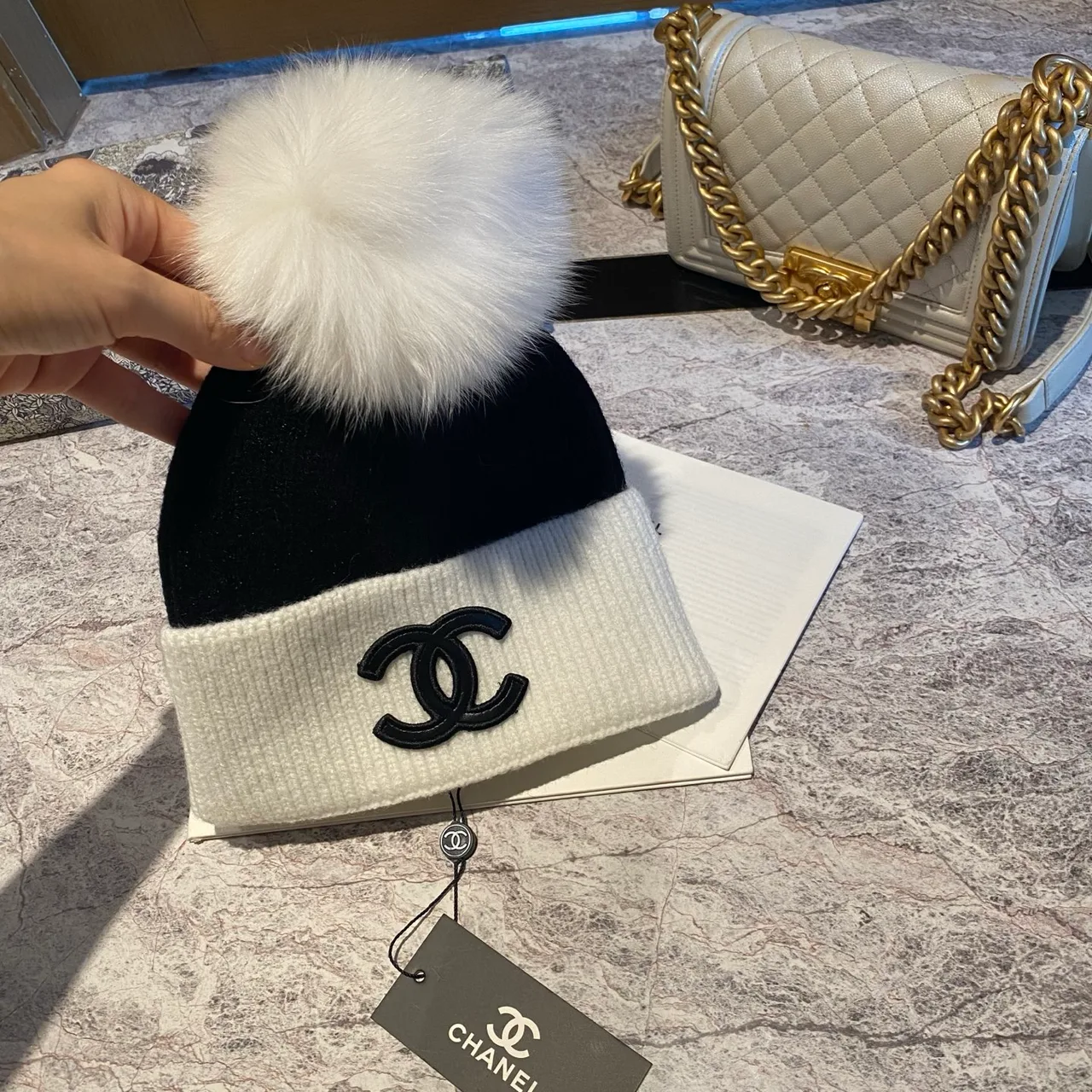 Chanel Pom-Pom Beanie in White & Black & Tan · view 7