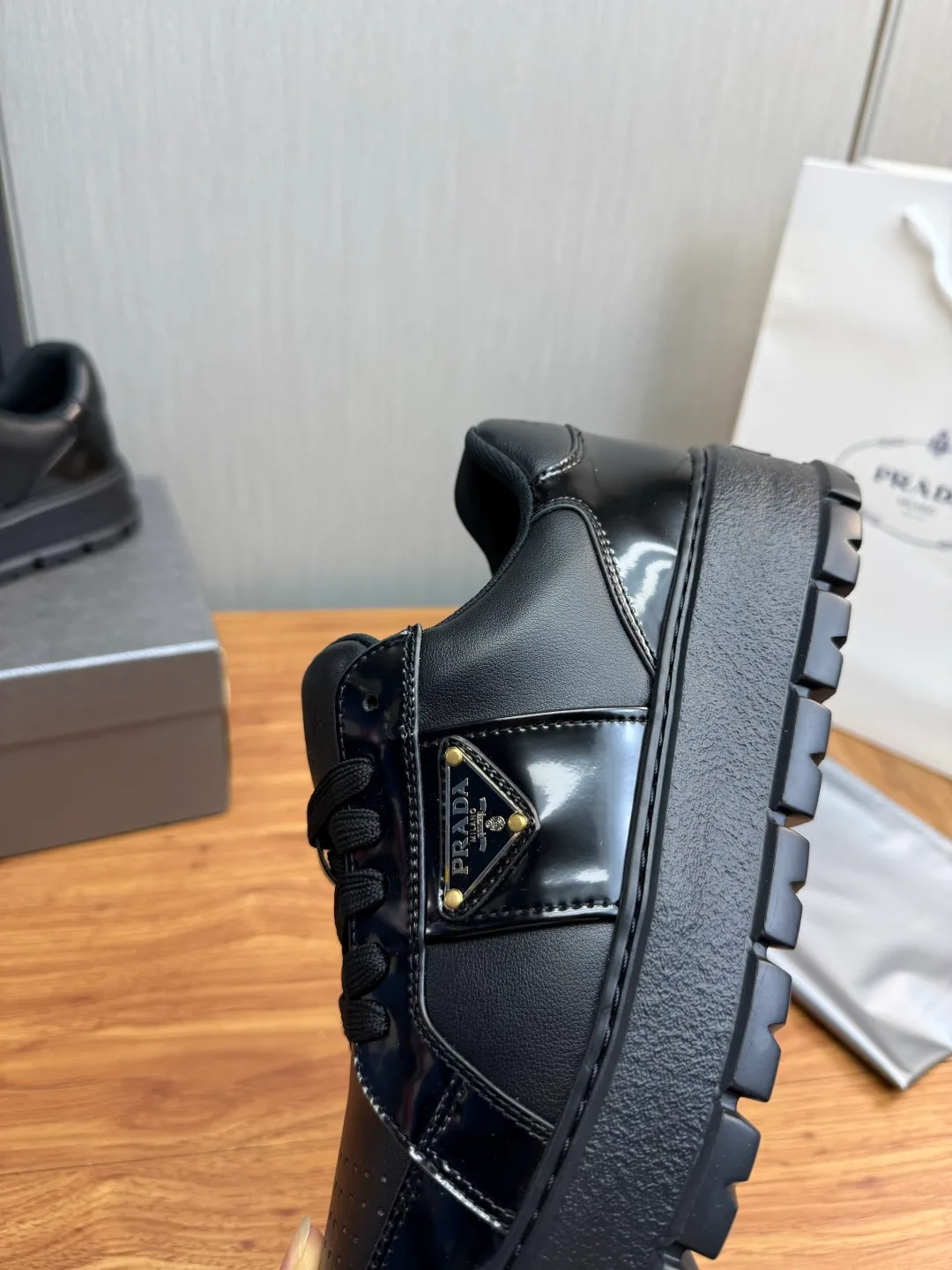 Prada Leather Sneakers in White & Black · view 7
