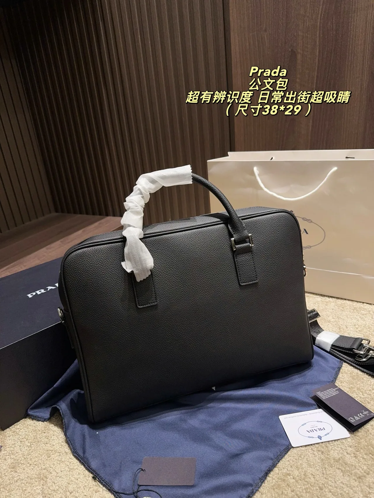 Prada Calfskin Smooth Triangle Logo Briefcase in Black · view 4