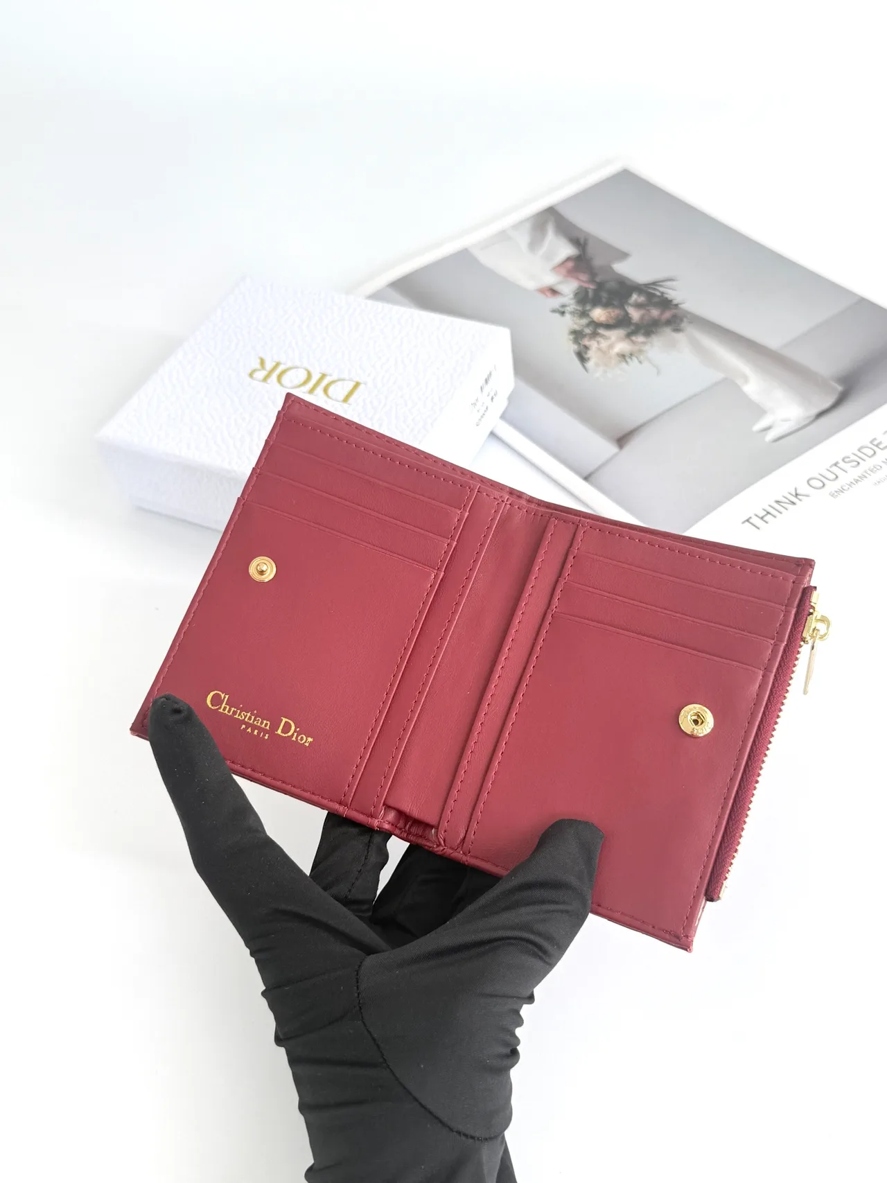 Dior Lambskin Quilted Wallet in Burgundy · view 3
