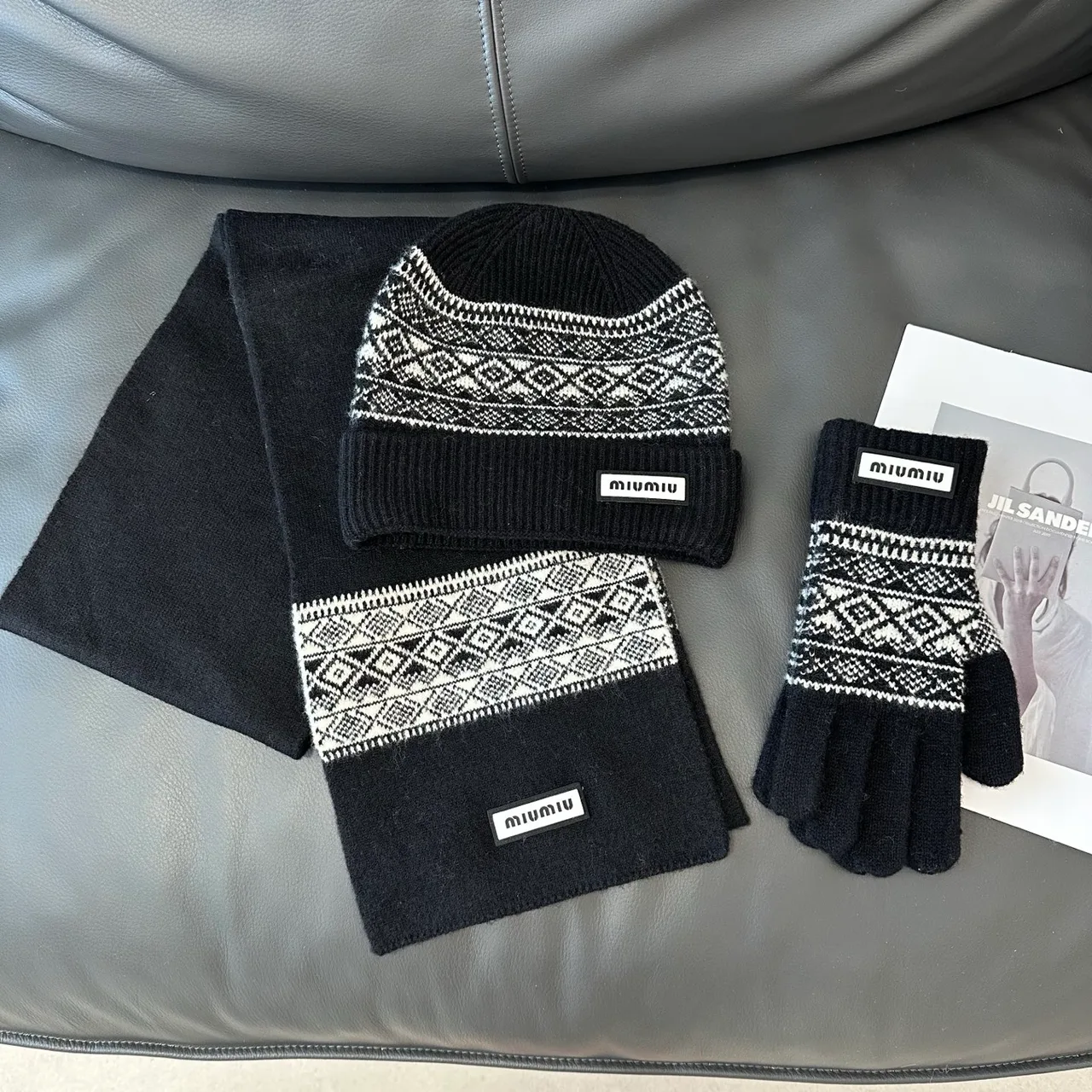 Miu Miu Hat Scarf and Gloves Set in Black & Beige & White · view 1