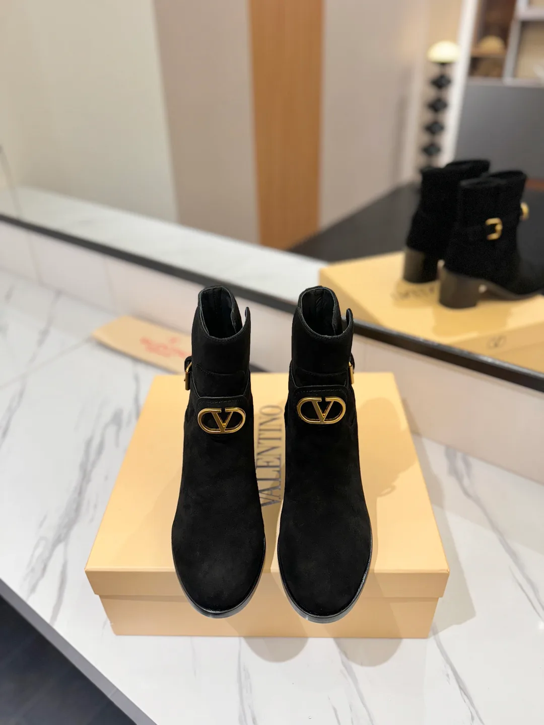 Valentino Calfskin Suede-Look Round-Toe Ankle Boots in Black · view 3