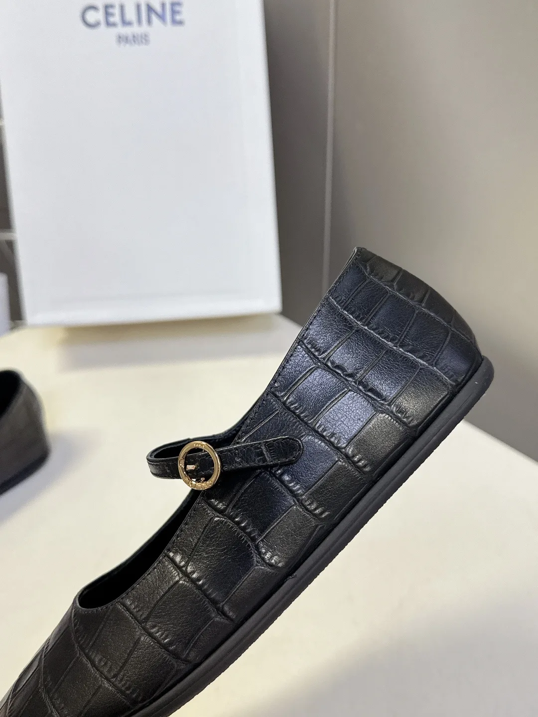 Celine Calfskin Glossy Square-Toe Buckle Shoes in Black · view 7