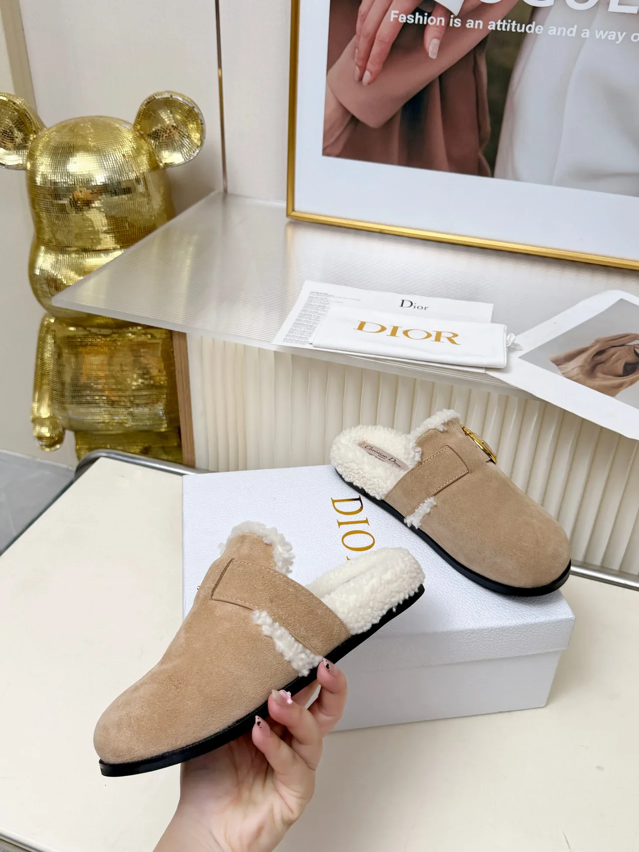 Dior Buckle-trim lined mules in Beige & Black & Tan · view 8