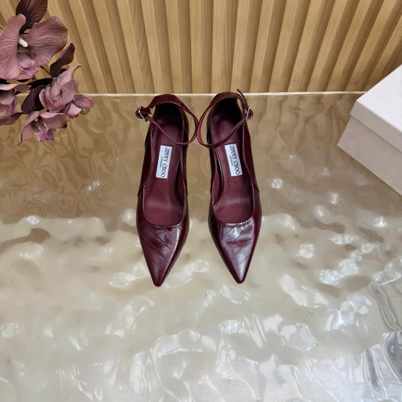 Jimmy Choo Cowhide Glossy Pointed-Toe Pointed Heel Pumps in Burgundy · view 4