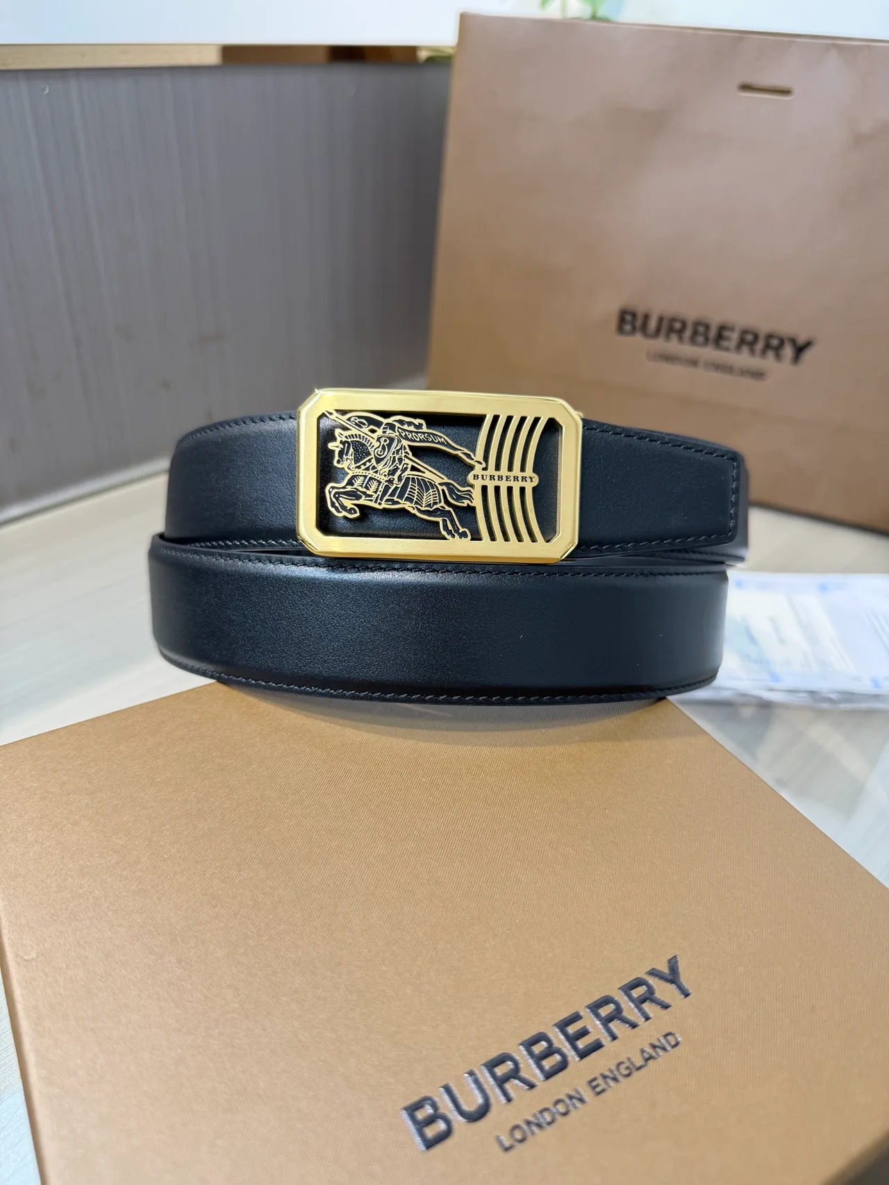 Burberry Calfskin Glossy Belt in Black · view 1