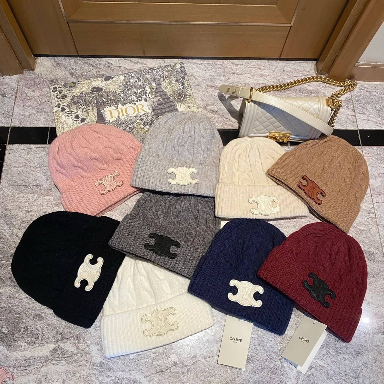 Celine Cable-Knit Triomphe Beanie in Pink & Black & White & Grey & Tan & Blue & Burgundy · view 8