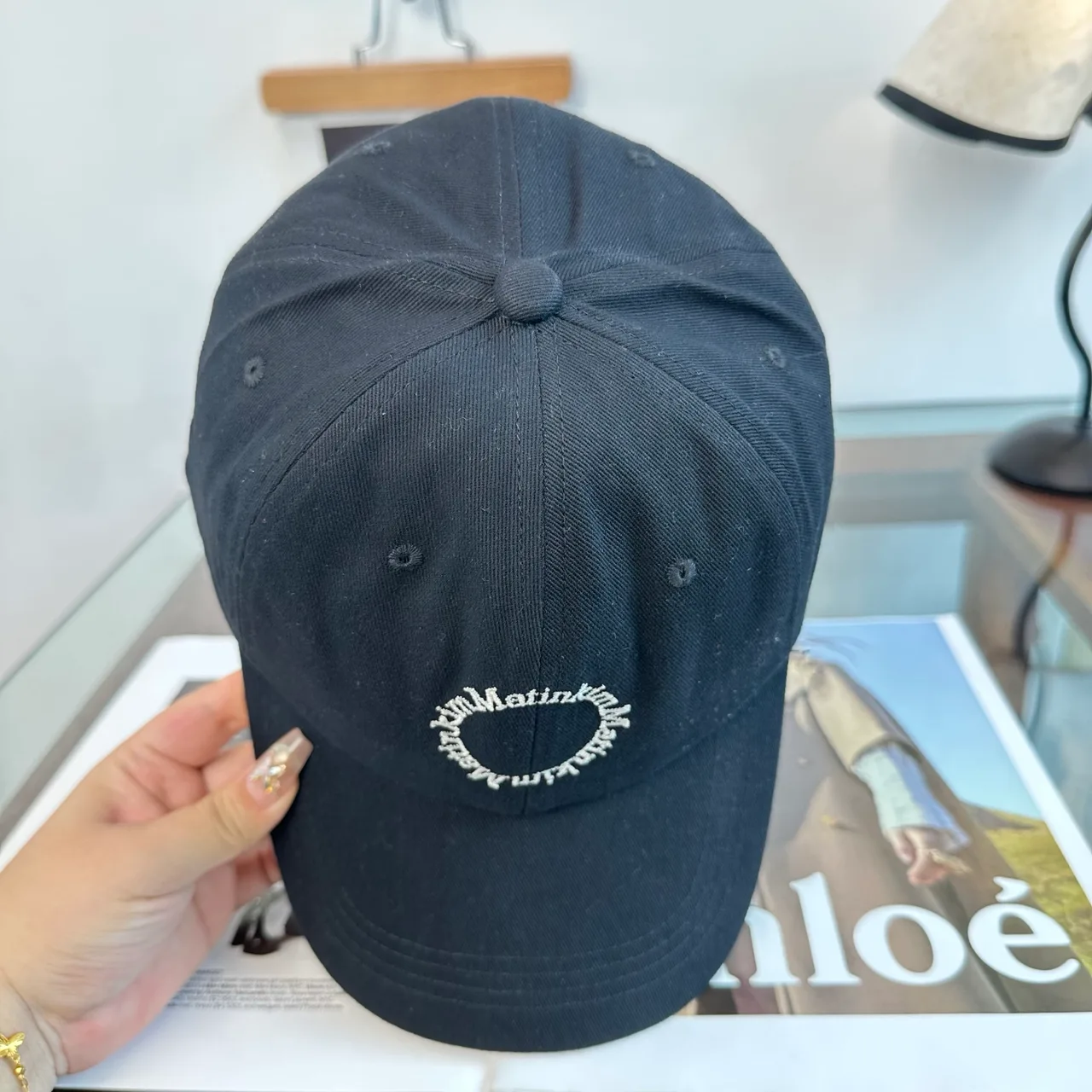 Matin Kim Embroidered Baseball Cap in Black & White & Blue · view 6