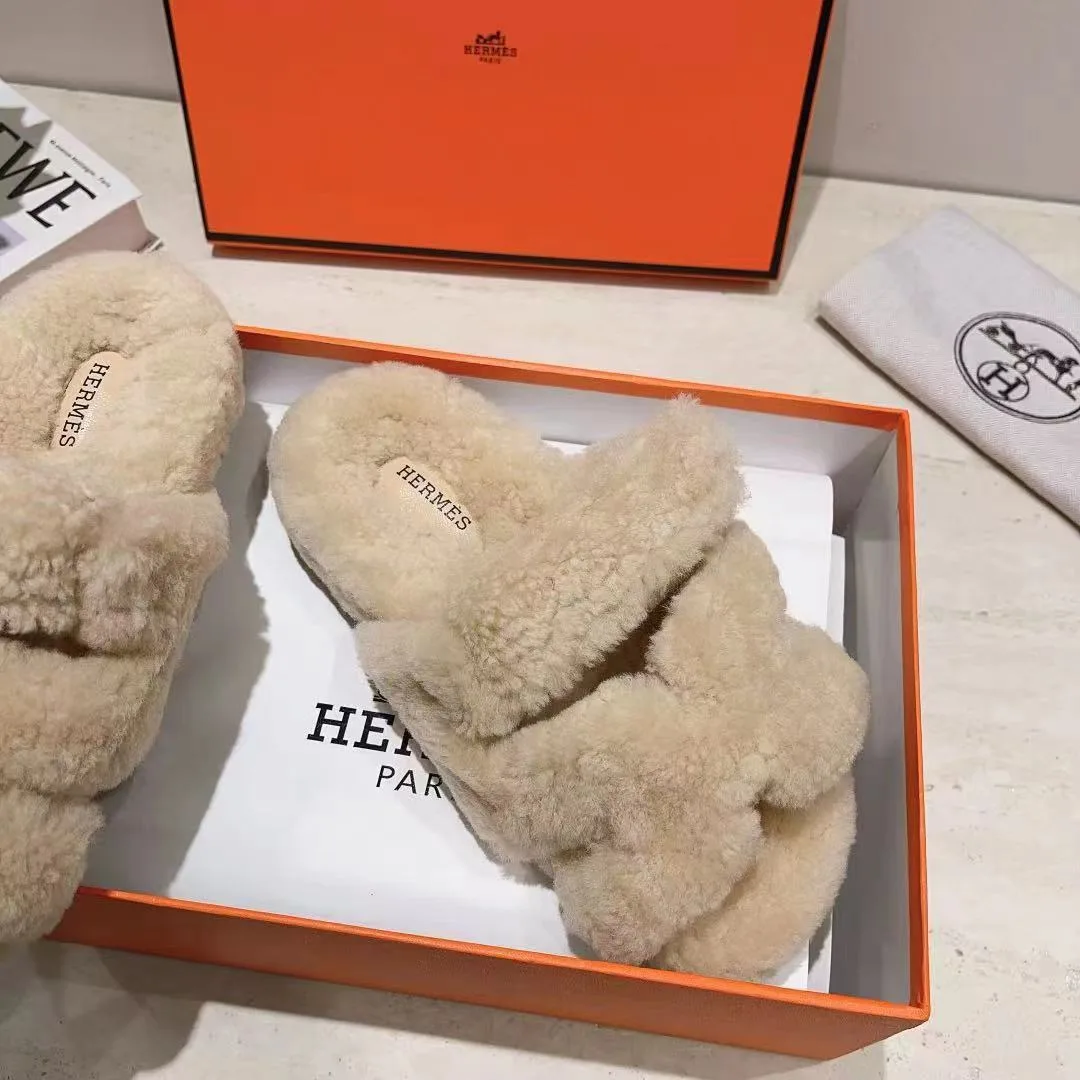 Hermes Sheepskin Chypre Shearling Slides in White · view 7