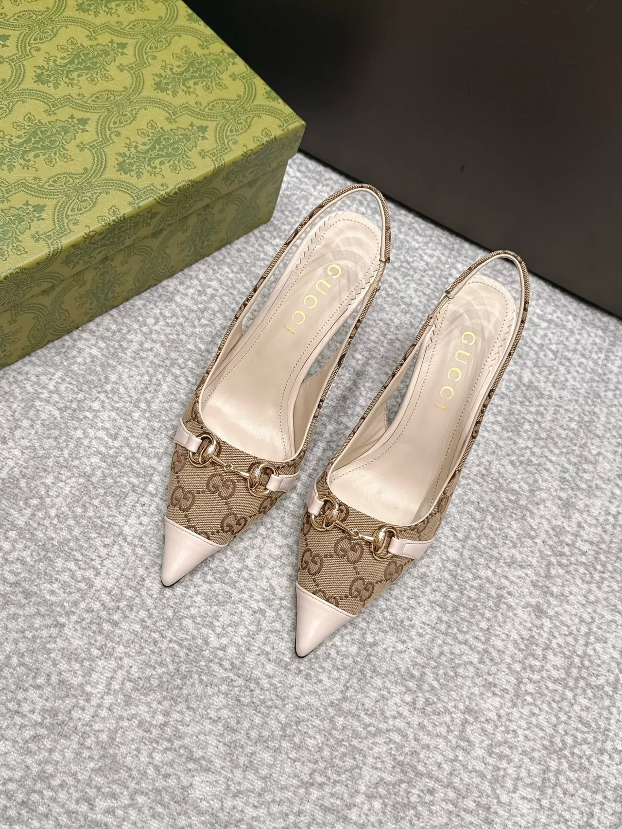 Gucci Glossy Pointed-Toe Monogram Slingback Pumps in Beige · view 1