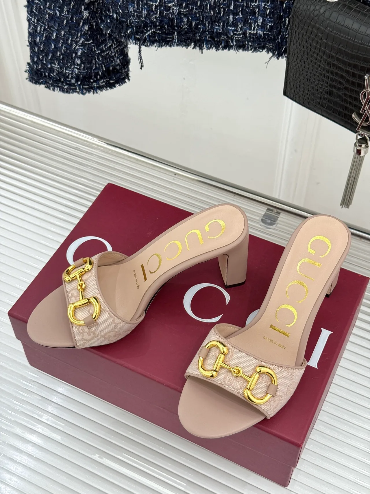 Gucci Canvas Denim Buckle Heeled Mules in Beige · view 2