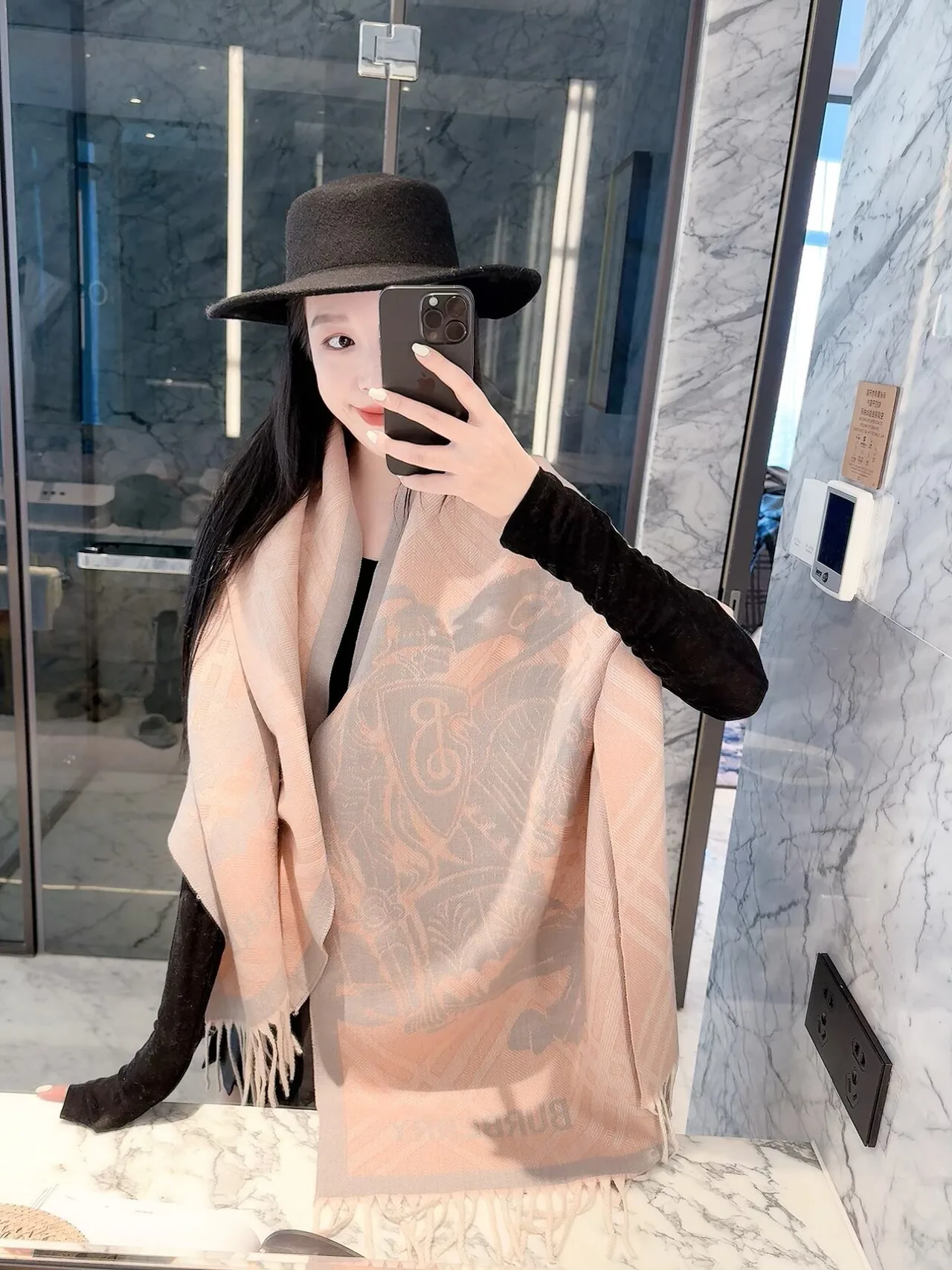 Burberry Knight and Check Fringe Scarf in Grey & Blue & Pink & Brown · view 3