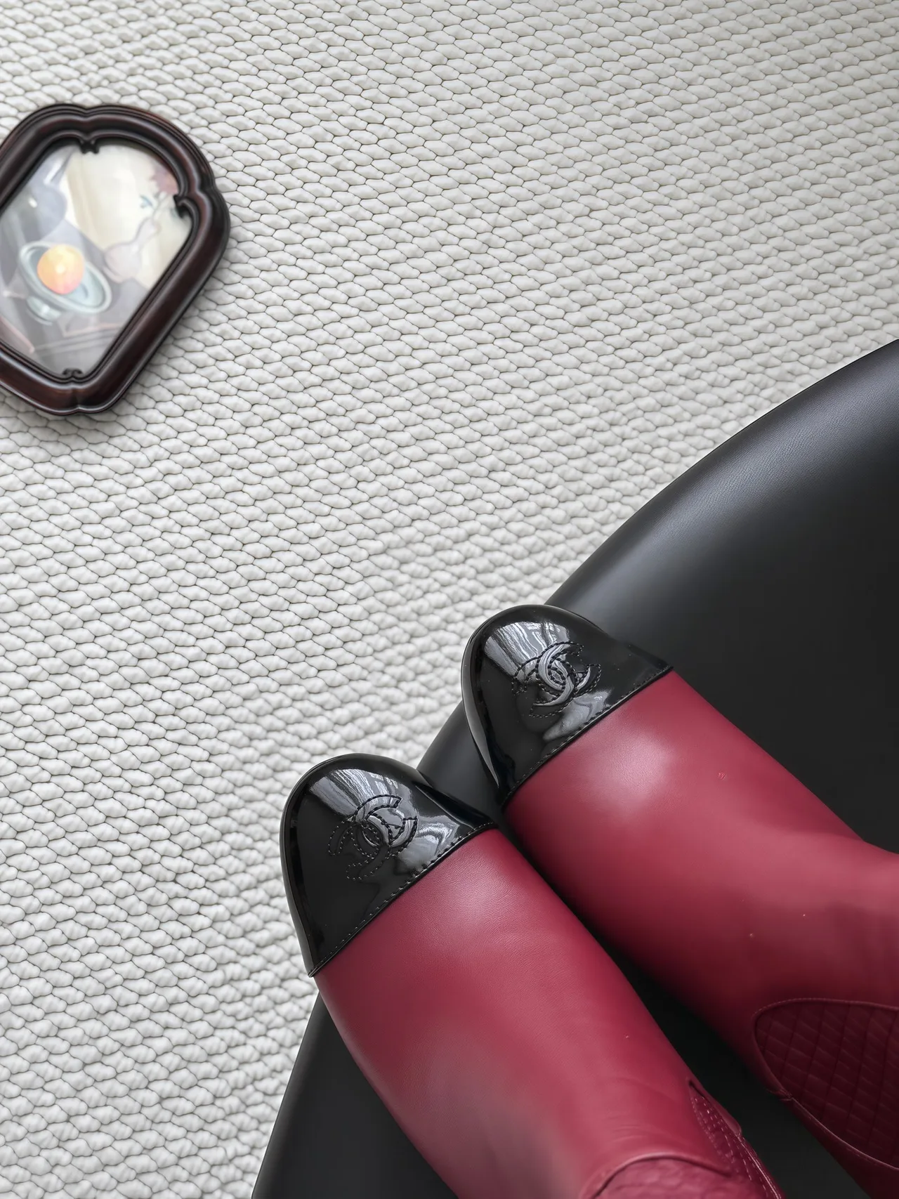 Chanel Cowhide Quilted Glossy Pointed-Toe Ankle Boots in Burgundy · view 7