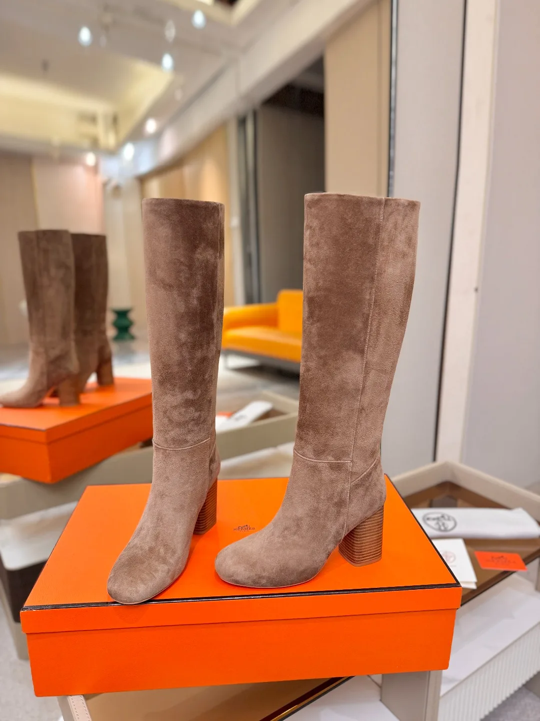 Hermes Cowhide Knee-High Boots in Grey · view 5