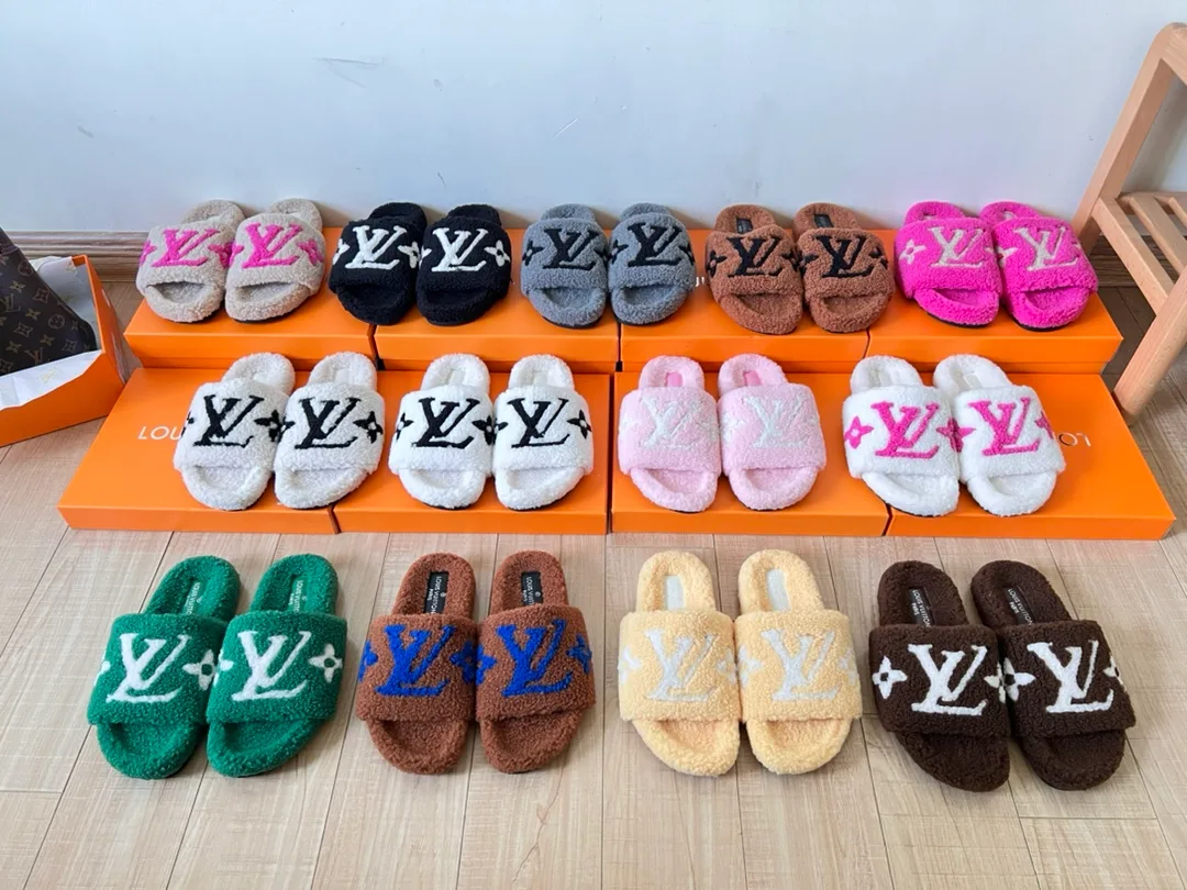 Louis Vuitton LV Plush Slides in Brown / Black / Pink / White / Grey / Green · view 7