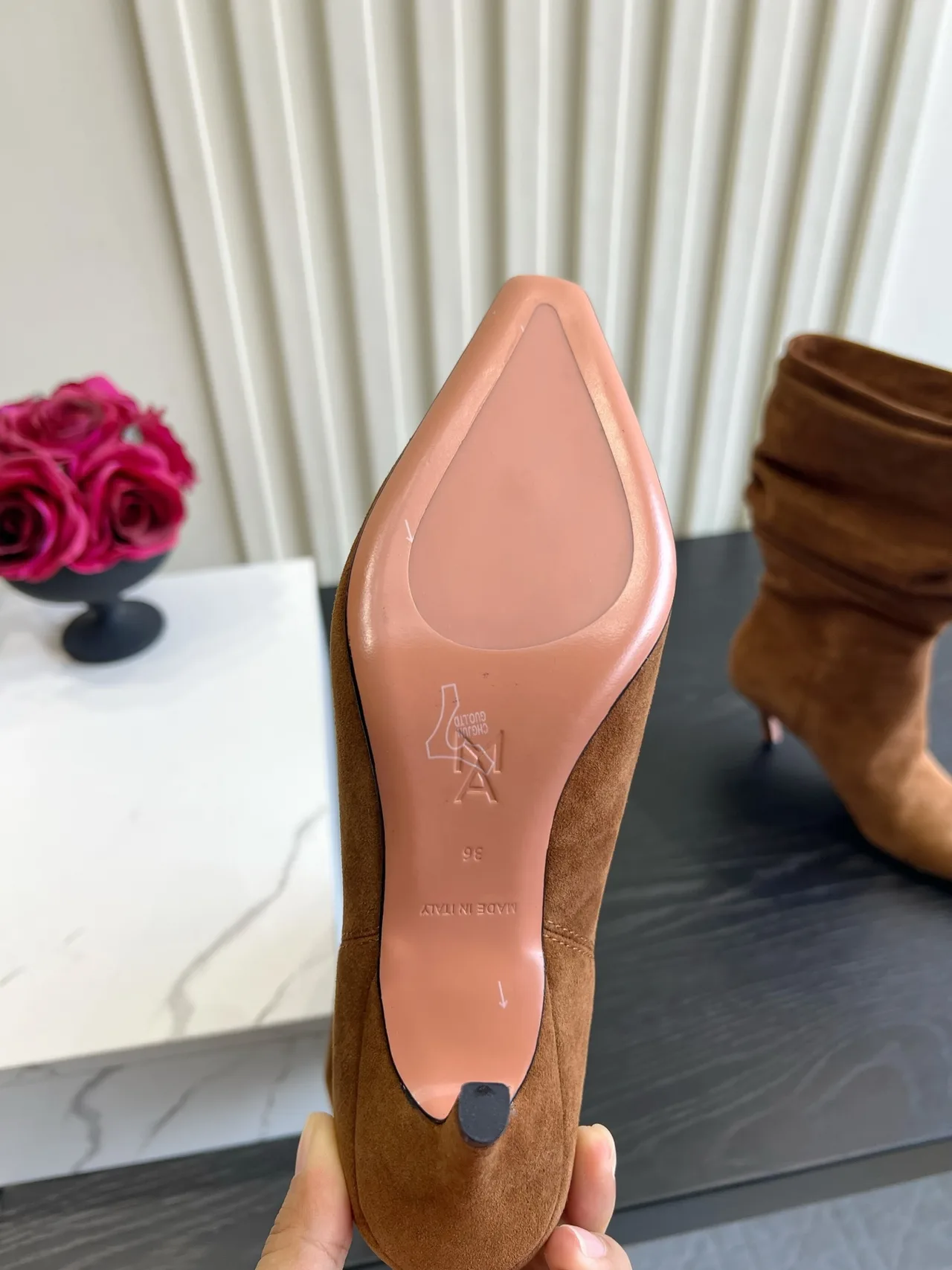 Amina Muaddi Cowhide Glossy Pointed-Toe Knee-High Boots in Tan · view 6