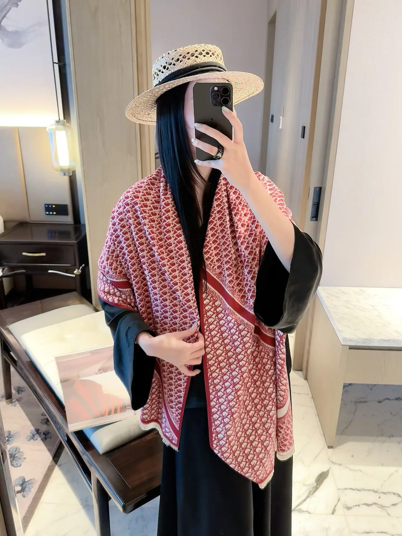 Dior Patterned Scarf in Blue & Grey & Pink · view 3