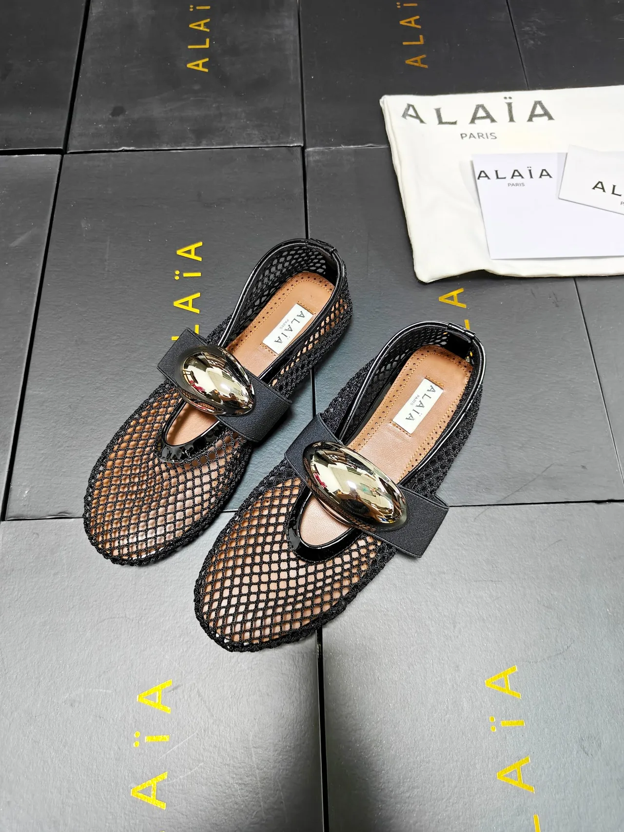 Alaia Cowhide Sheepskin Smooth Square-Toe Buckle Mary Jane Flats in Black · view 3