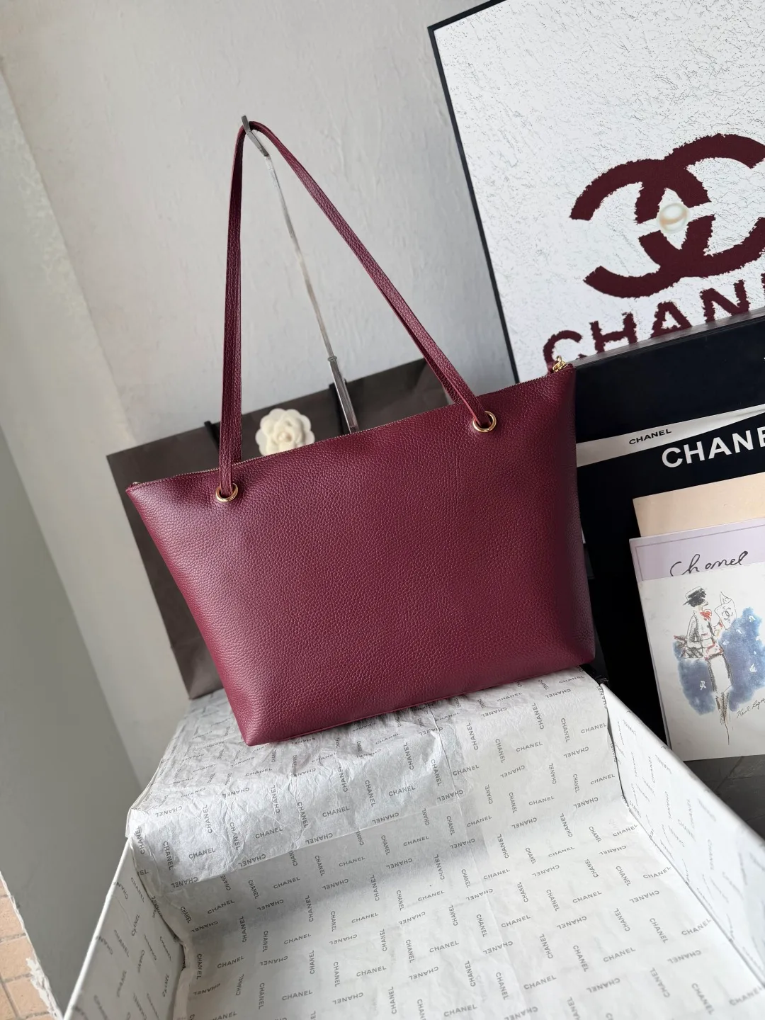 Chanel Leather Smooth Tote in Burgundy · view 4