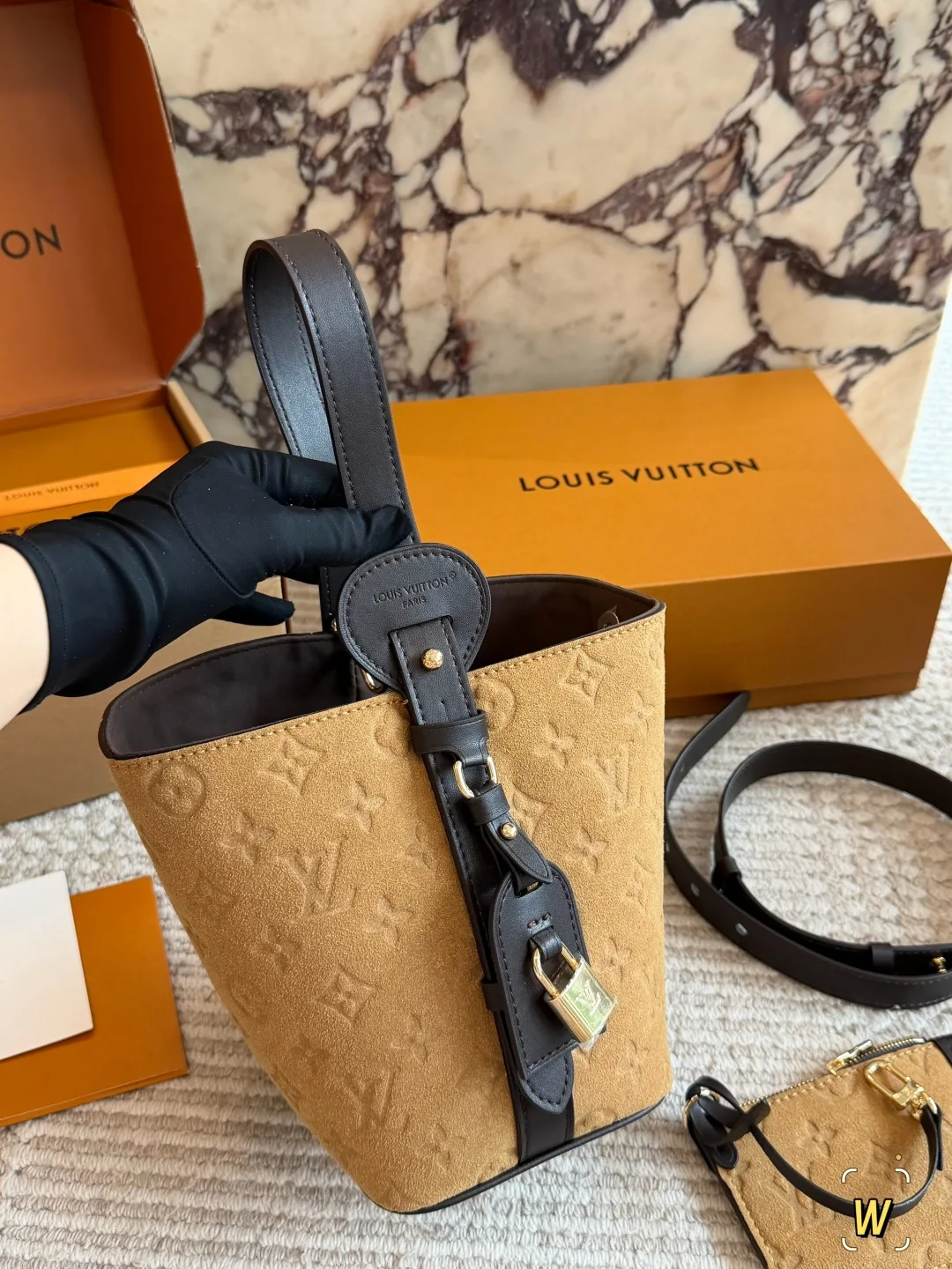 Louis Vuitton Suede Monogram Bucket Bag in Tan · view 5