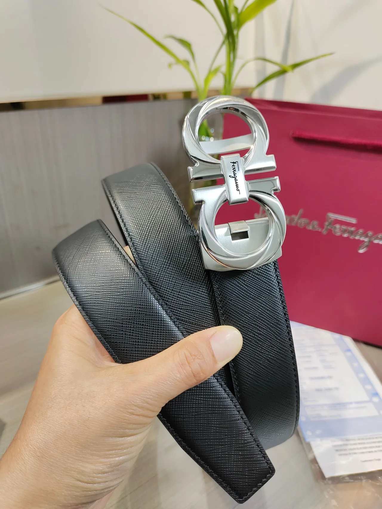 Ferragamo Calfskin Glossy Belt in Black · view 5