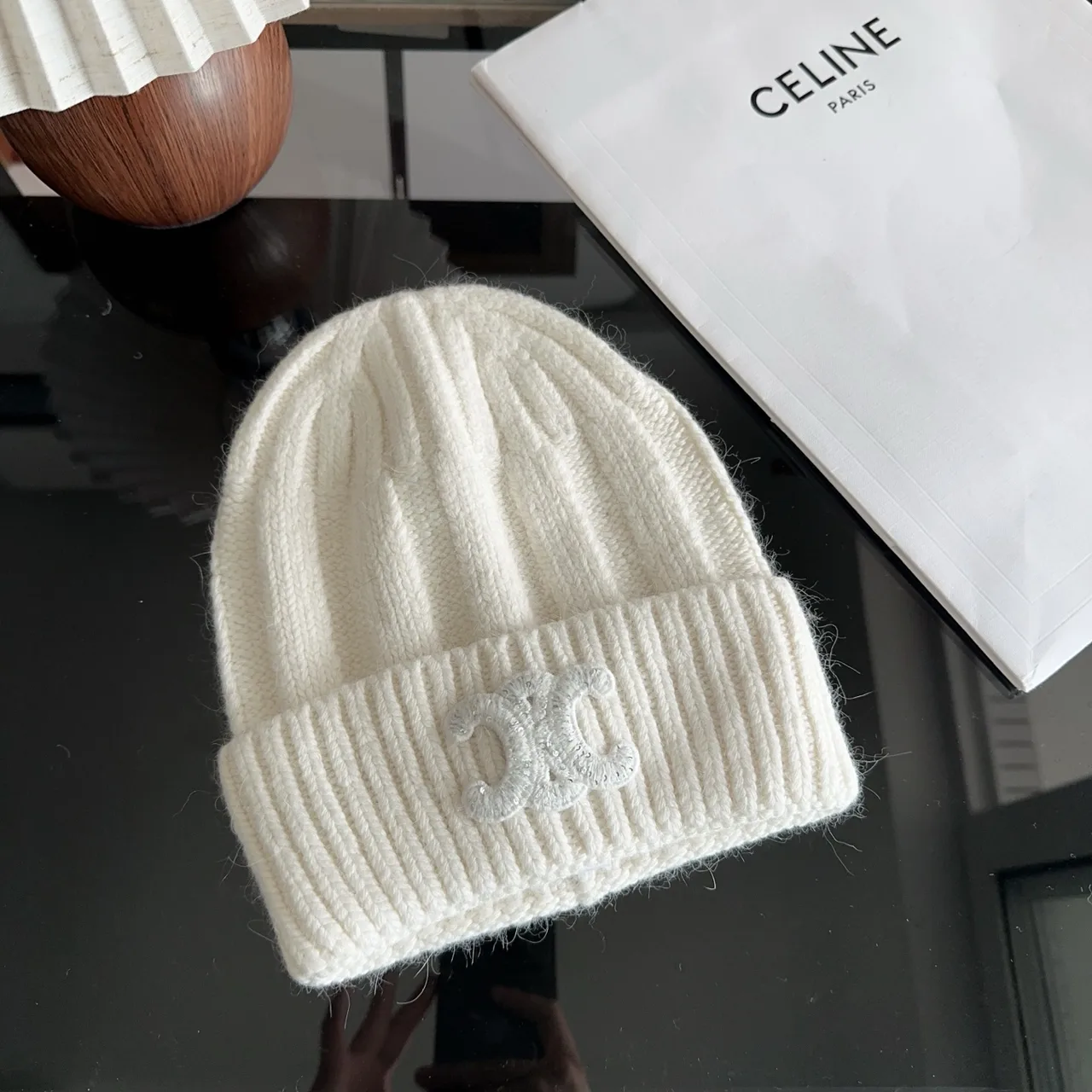 Celine Ribbed Glossy Beanie in White · view 4