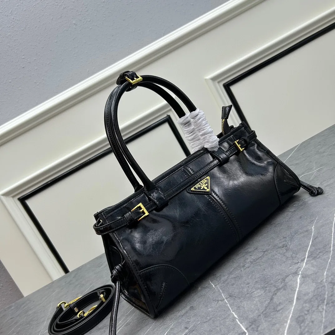 Prada Glossy Belted Top-Handle Bag in Black · view 3