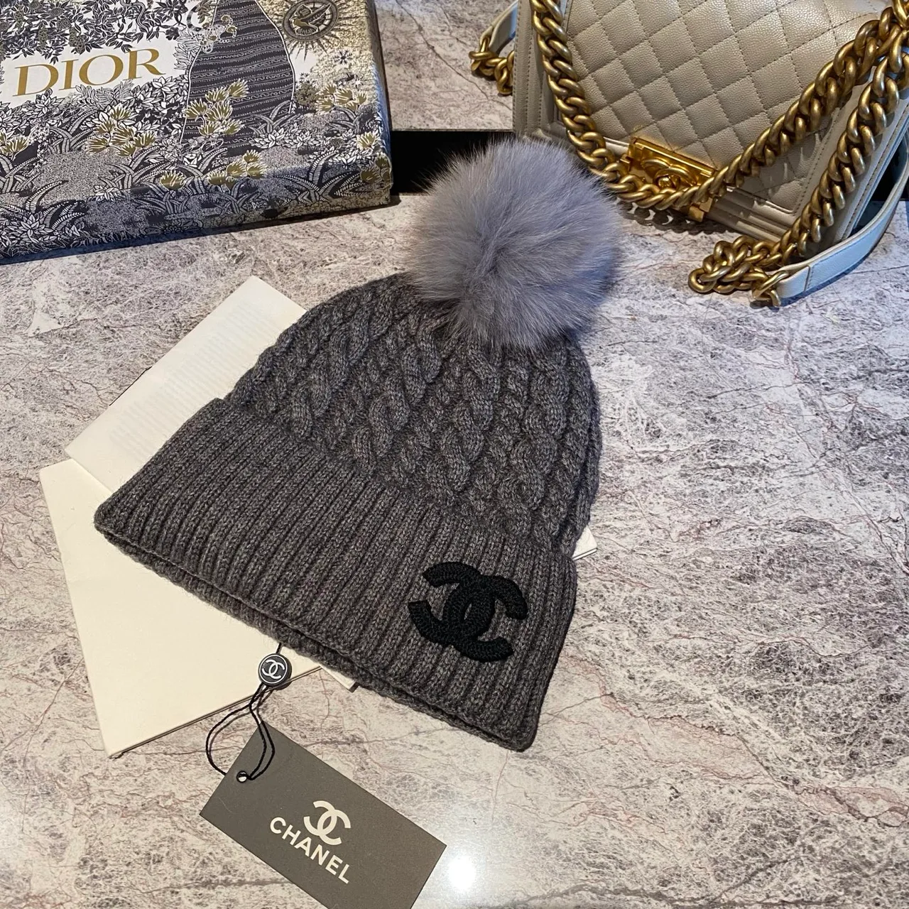 Chanel Pom-Pom Beanie in Black & White & Beige & Brown & Grey · view 5
