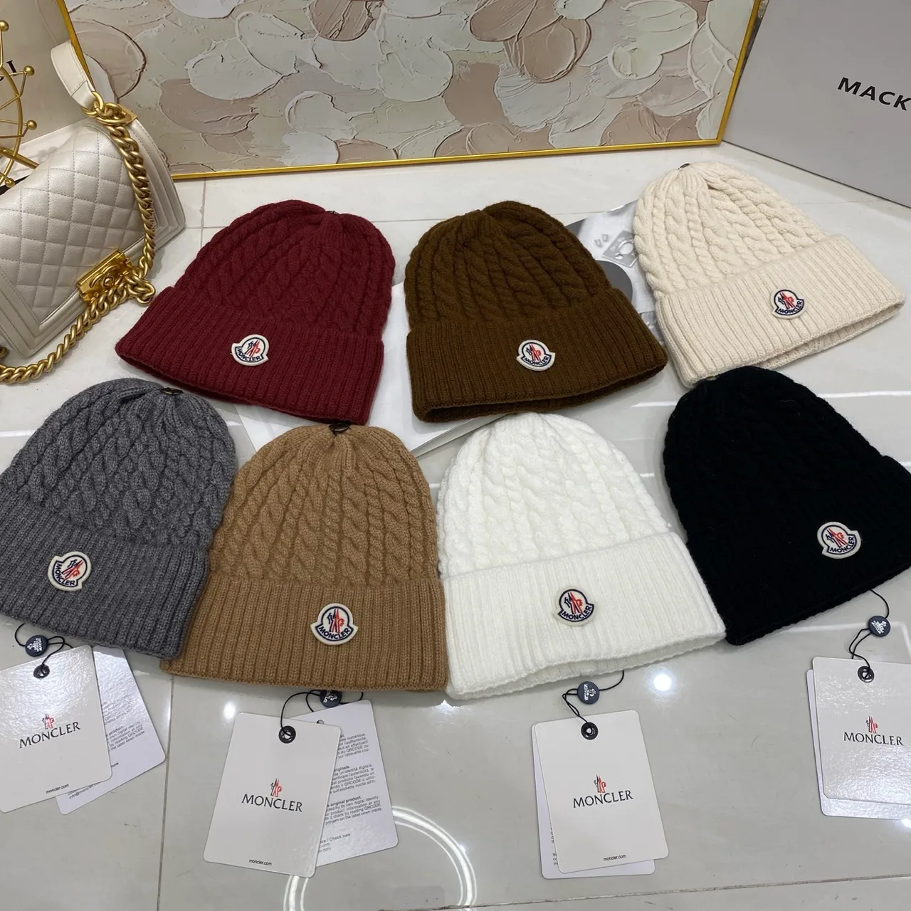 Moncler Beanie in Black & White & Tan & Grey & Beige & Burgundy & Brown · view 8