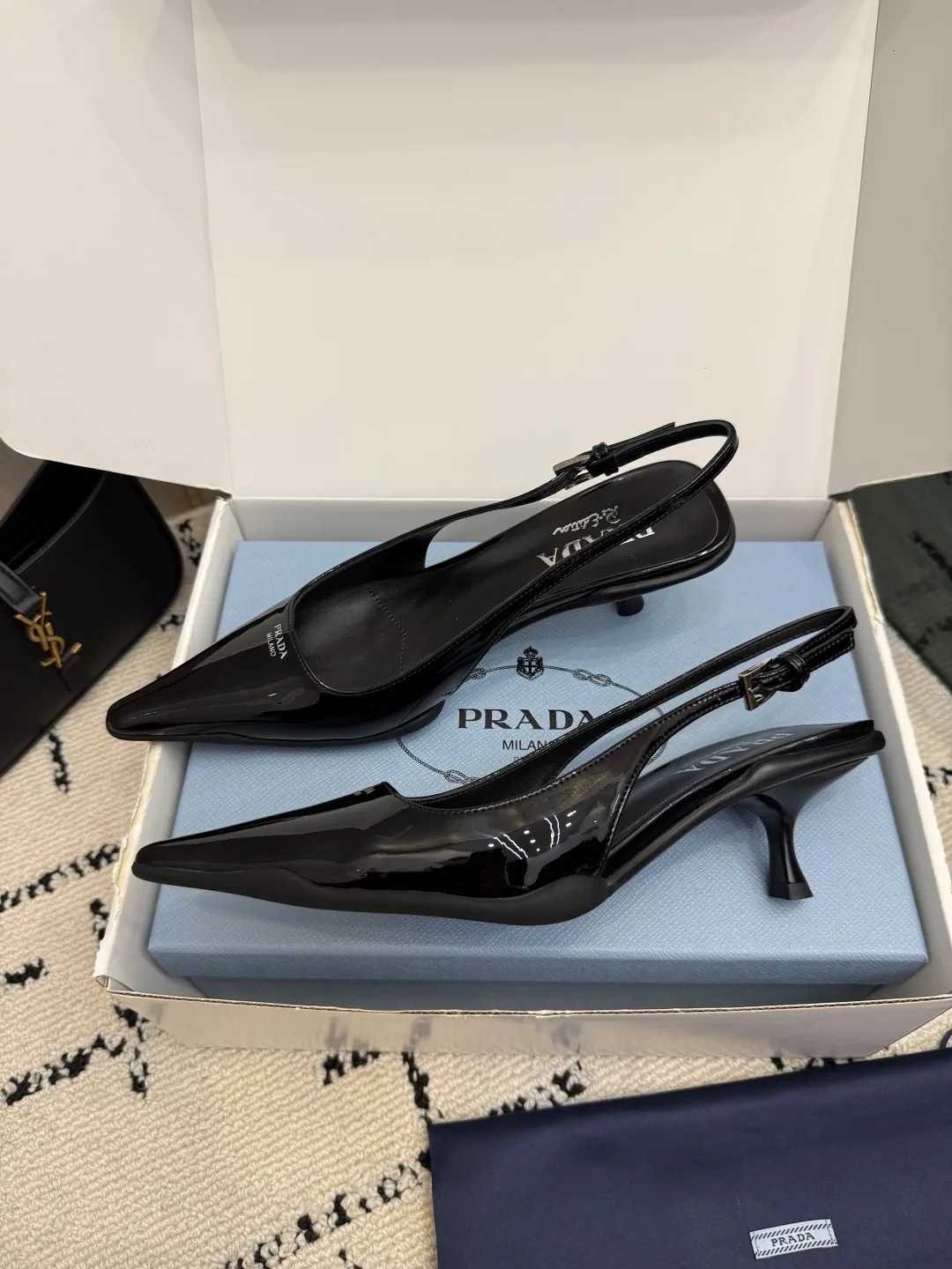 Prada Patent Leather Pointed Slingback Pumps in Black · view 5