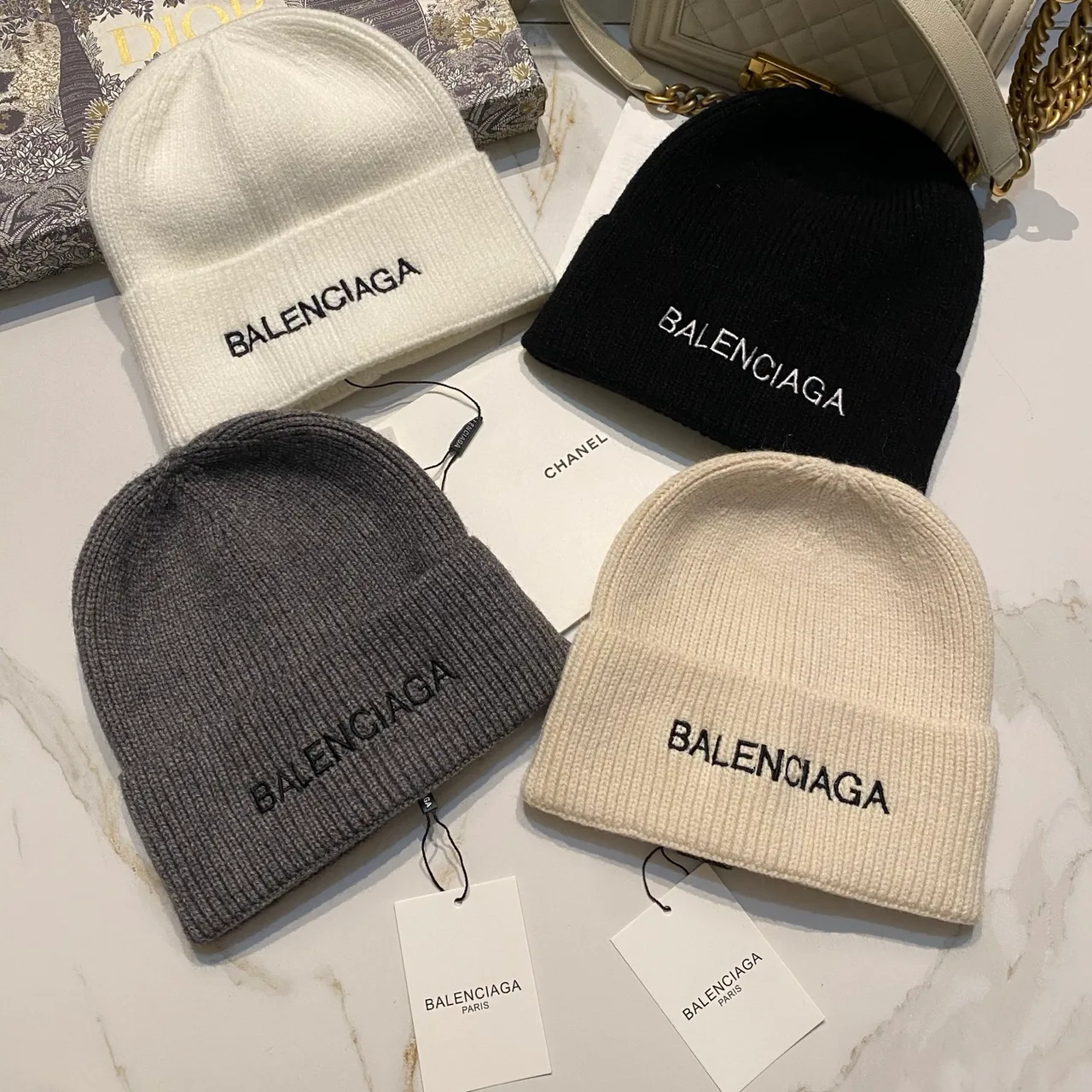 Balenciaga Logo knit beanie in Black & Beige & White & Grey · view 8