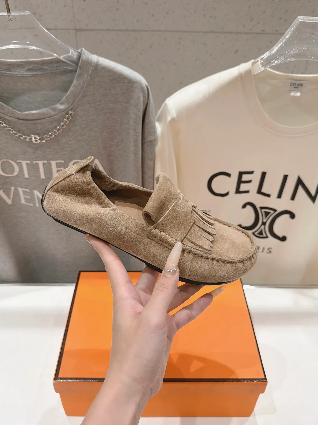 Celine Suede-Look Round-Toe Fringed Loafers in Beige · view 5