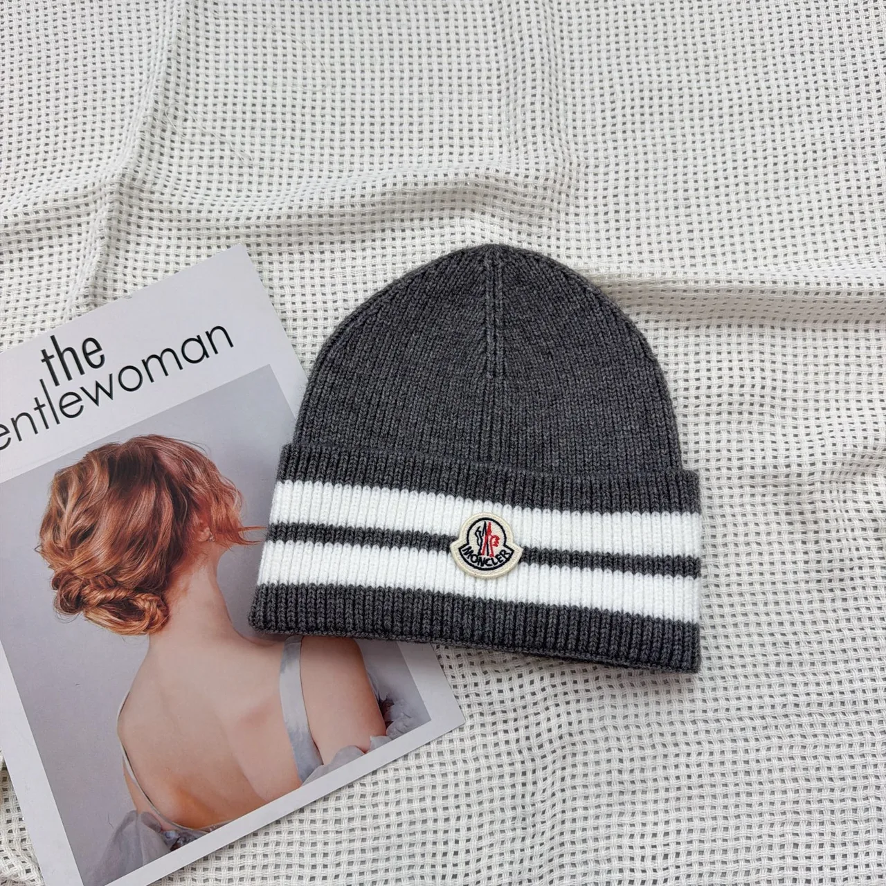Moncler Striped-Cuff Beanie in Black & White & Brown & Grey & Burgundy & Red & Blue · view 2